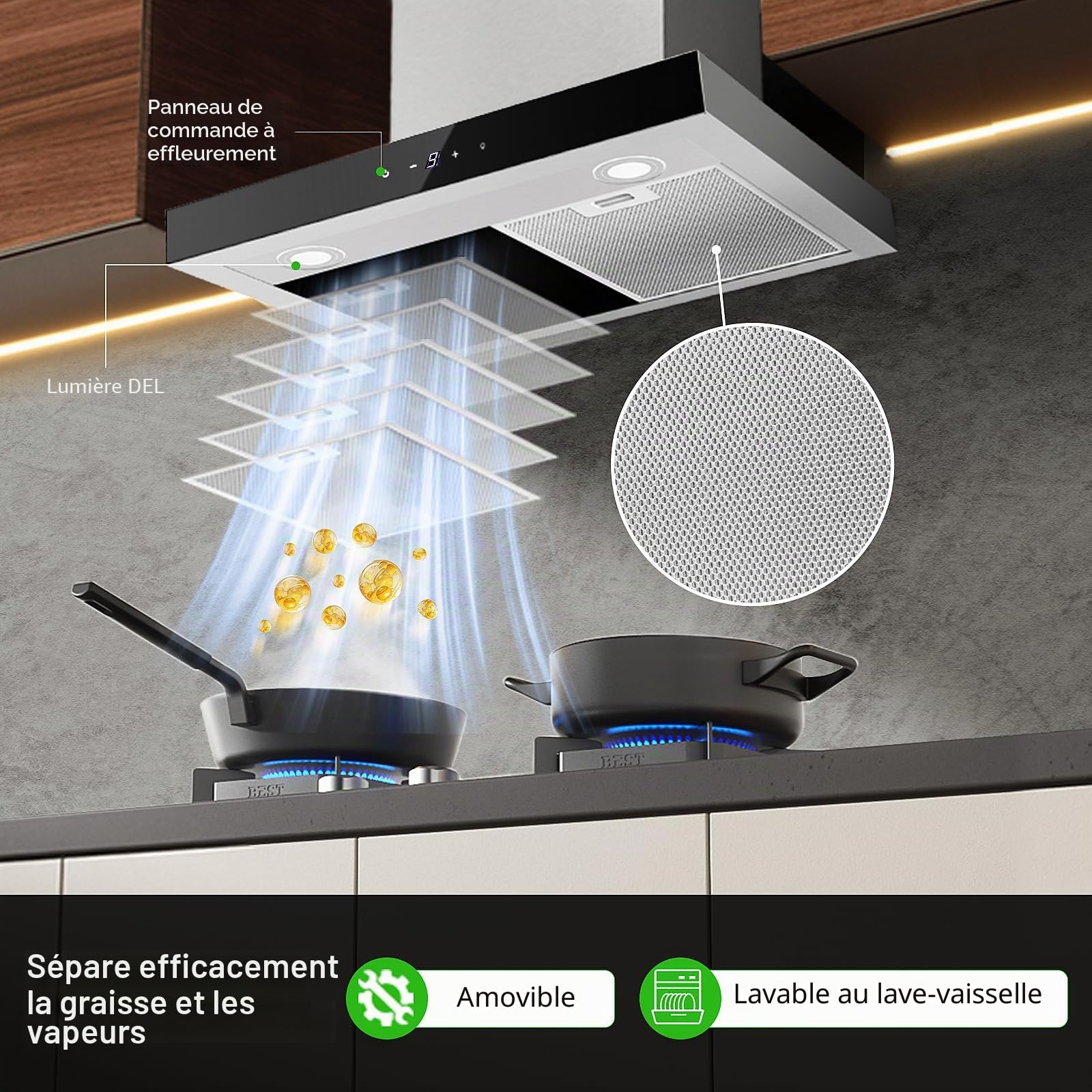 TopStrong Hotte aspirante 60cm, hotte aspirante circulant air/air évacué, 700 m³ / h, hotte Extractive en Acier Inoxydable, contrôle Soft Touch 9 étapes et