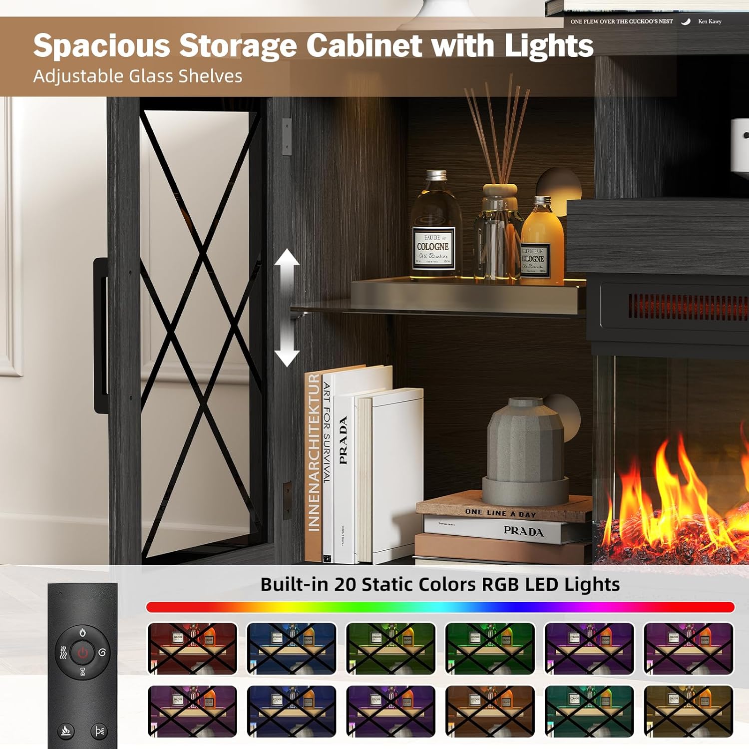 59'' Fireplace TV Stand, Farmhouse Entertainment Center with 3 Sided Glass TV Stand, Media Console Table with Storage Cabinet, Glass Door, Adjustable Flame LED Color for Living Room, Black