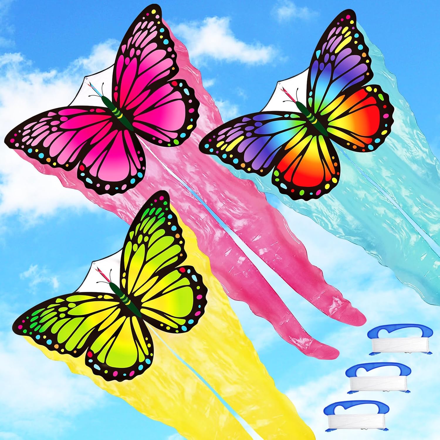 3 Pack Tulle Butterfly Kites 55" x 28" Easy to Fly Large Kites with 328ft String Colorful Rainbow Beach Kite for Beginners Adults Outdoor Supplies
