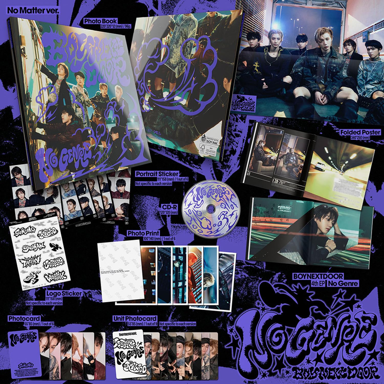 BOYNEXTDOOR - 4th EP [No Genre] (No Matter Ver.) Photo Book + Folded Poster + Portrait Sticker R + Photo Print + Photocard + 3 Extra Photocards