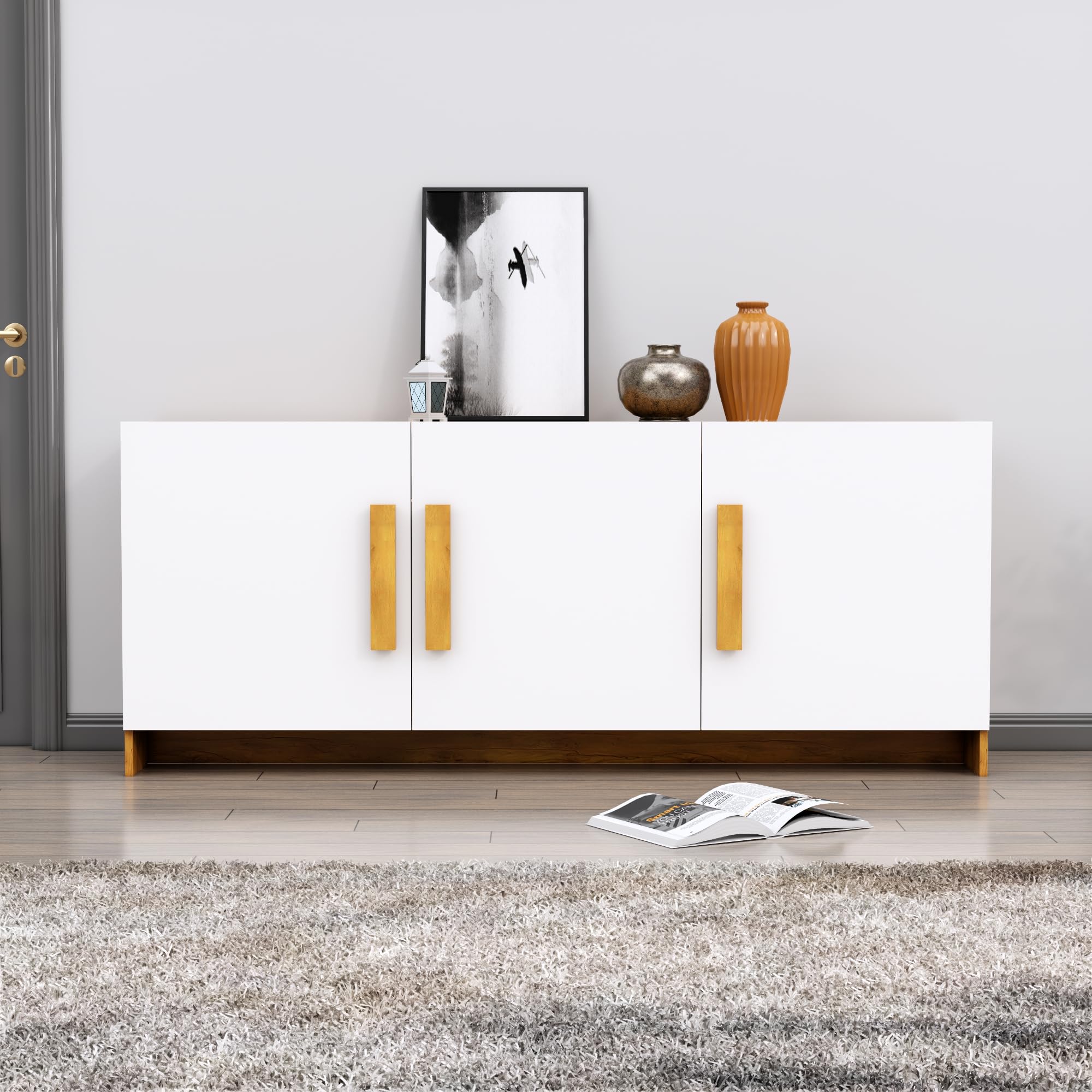 Bniture Multipurpose Storage Cabinet for Living Room, Kitchen, Office, Sideboard Cabinet with 3 Door Storage (Giant Wood & Frosty White)-image-23