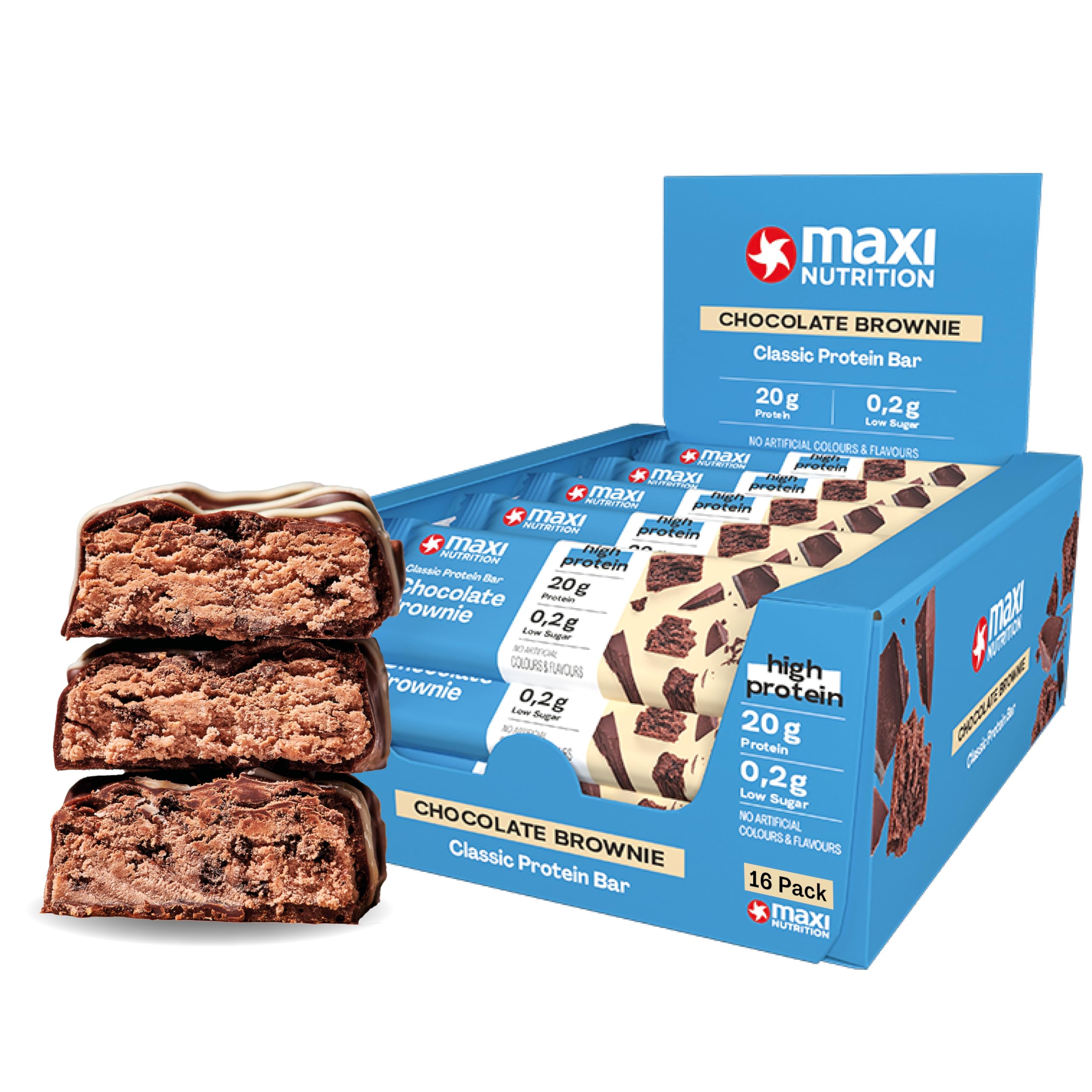 MaxiNutrition Classic Protein Bar Chocolate Brownie 16 x 40g - Protein Riegel mit 50% Eiweiß, 20g Protein pro Riegel, low sugar (0,2g), ohne Zuckerzusatz, ohne künstliche Aromen/Farbstoffe