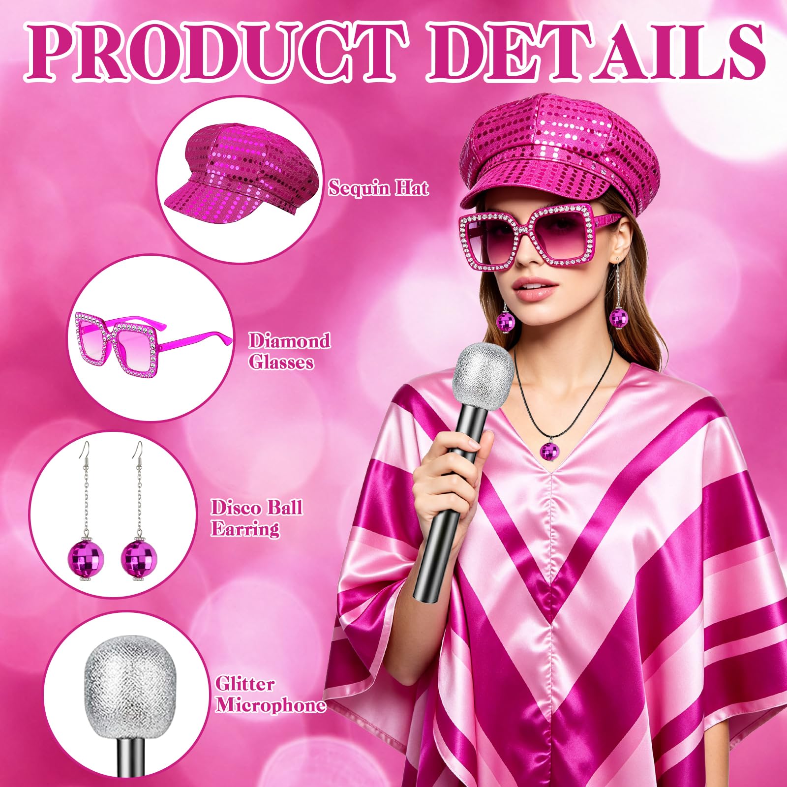 70s Disco Fancy Dress Set for Women 7PCS Retro Sequin Poncho Costume Accessories with Beret Hat, Square Sunglasses - Image 4