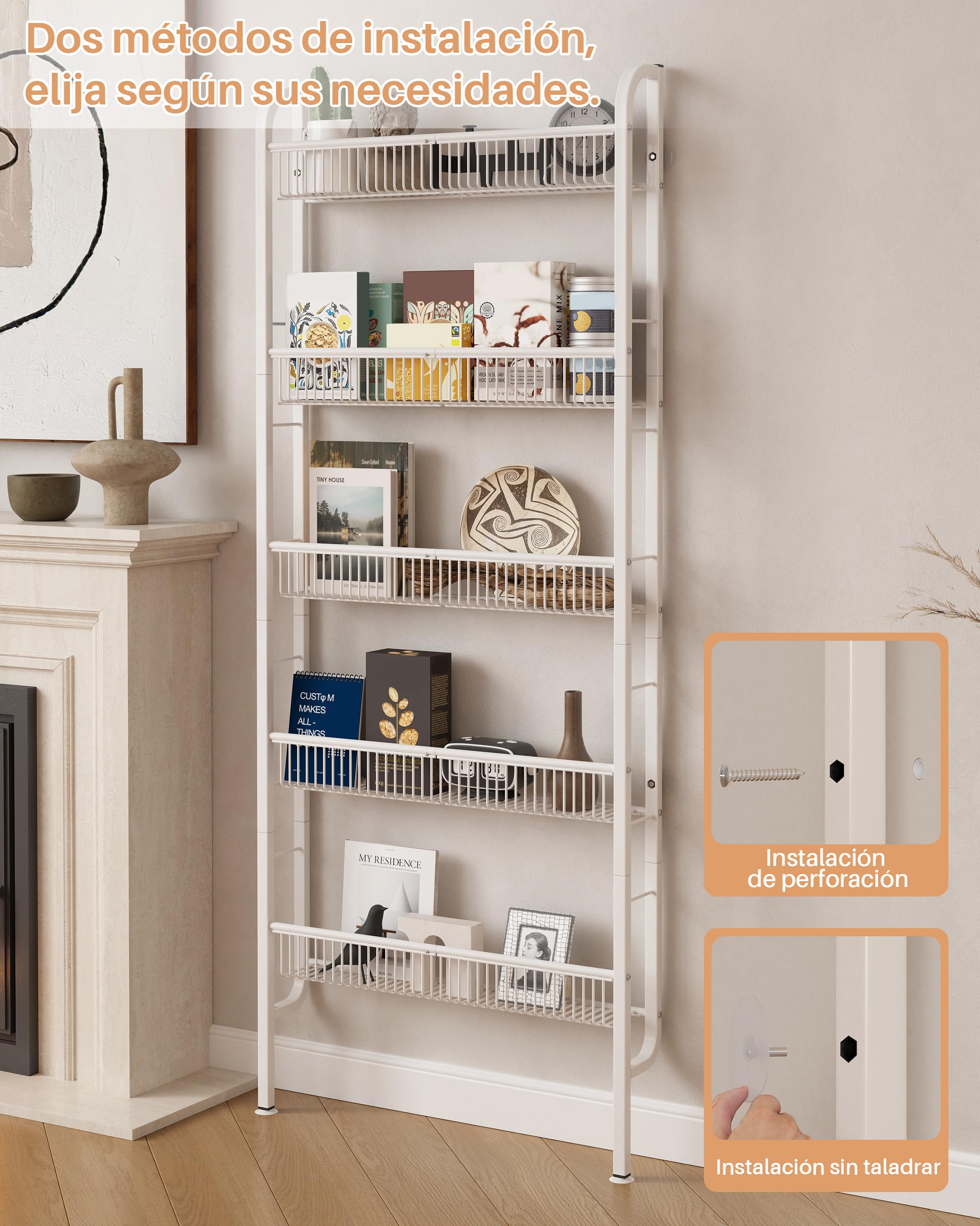 UMDONX Estante de Pared 5 Niveles, Estante Estrecho para Libros y Decoración, Organizador Multifuncional de Metal para Espacios Pequeños, Blanco