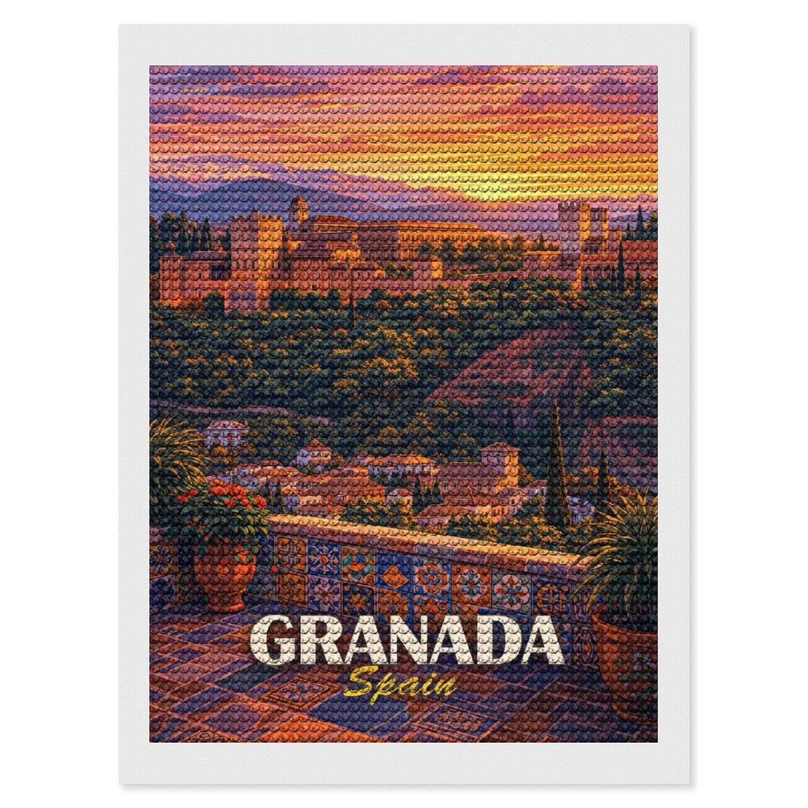 Junmoney Granada Spain Alhambra Sunset Diamond Art Canvas 12"x16", for Adults, Good for Quiet Evenings, Bedroom Decor, Festive Craft Gift, Easy to Enjoy