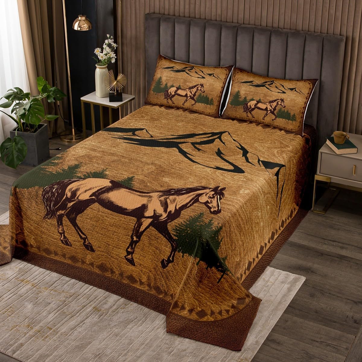 Erosebridal Highland Cow Quilt Set King Size Natural Western Wildlife Bedspread Set Animal Cow Cattle Bedroom Decor Botanical Trees Coverlet Set Farmhouse Woodland Bed Set