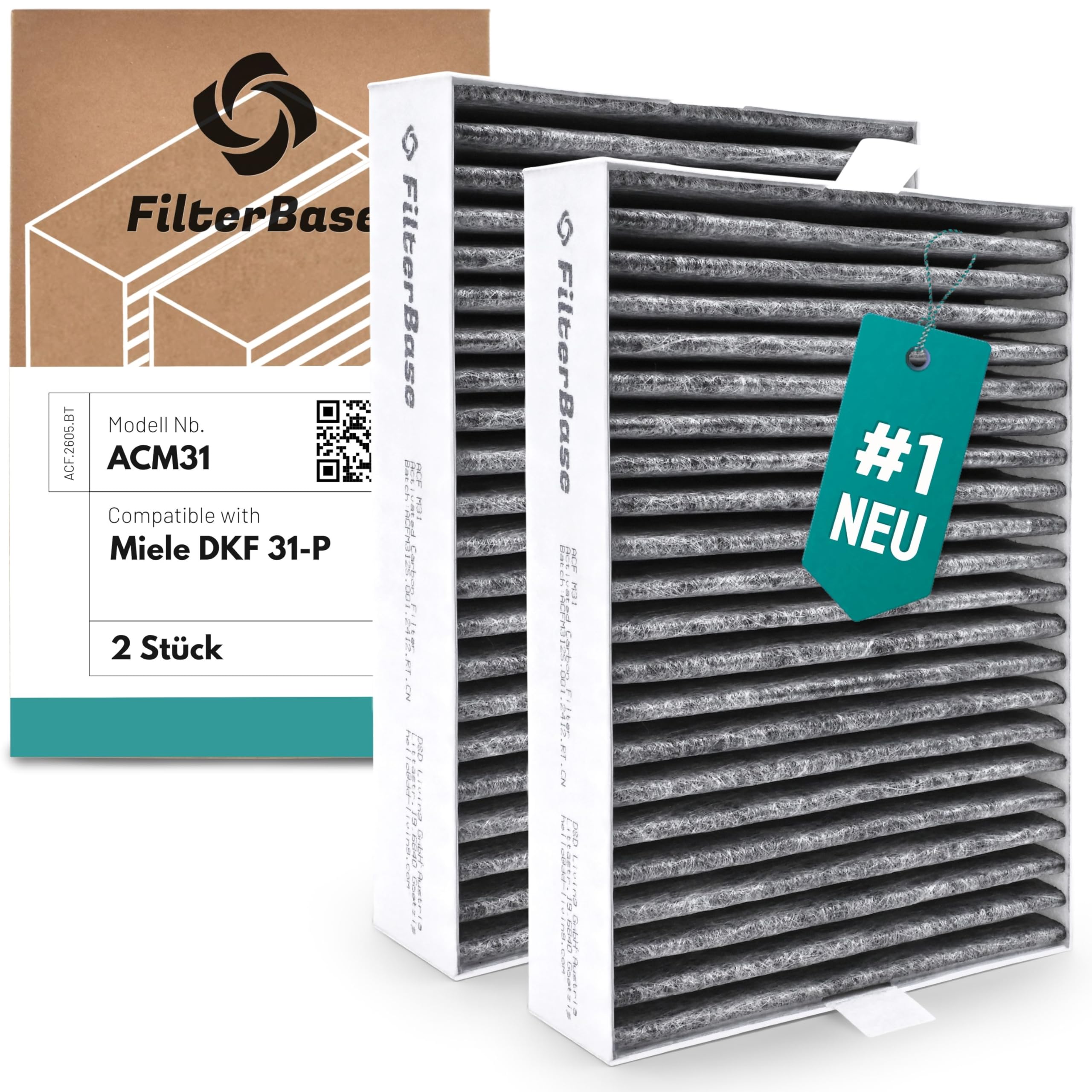 FilterBase® Aktivkohlefilter 2 Stück für Miele DKF 31-P | Passend für Active Air Clean Dunstabzugshaube DAS 4x40 DAS 8x30 DAS 2x20 DAS 4x20 DAS 4x30 (ACM31)