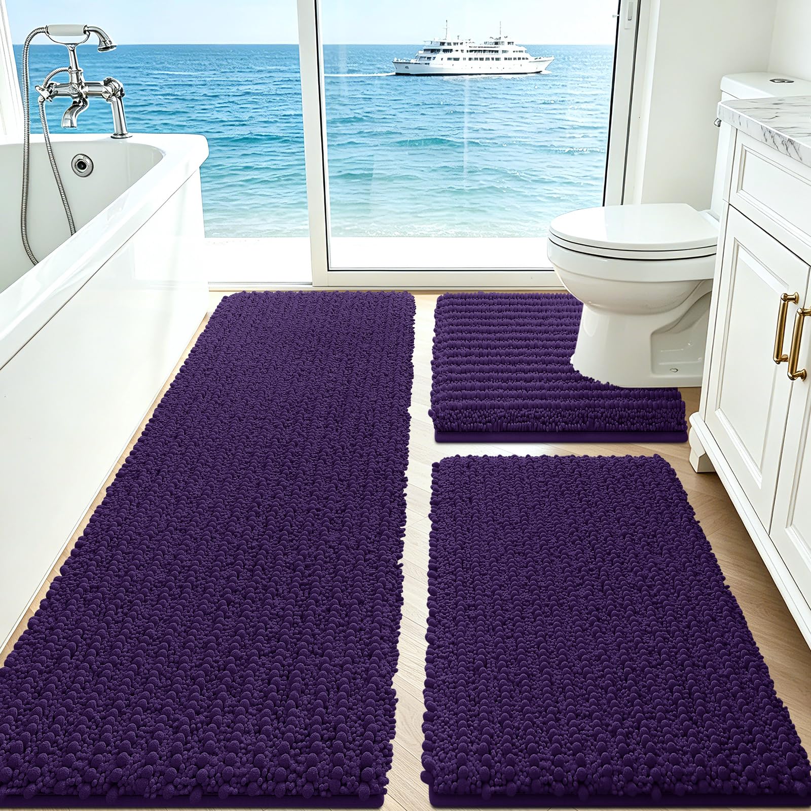 ACCUMTEK Upgrade Extra Large Dark Purple Bathroom Rug Set 3 Pieces Ultra Soft, Thick Absorbent Bath Mats, Non Slip Chenille Toilet Mat for Bathroom, Bedroom, Kitchen, Egglant