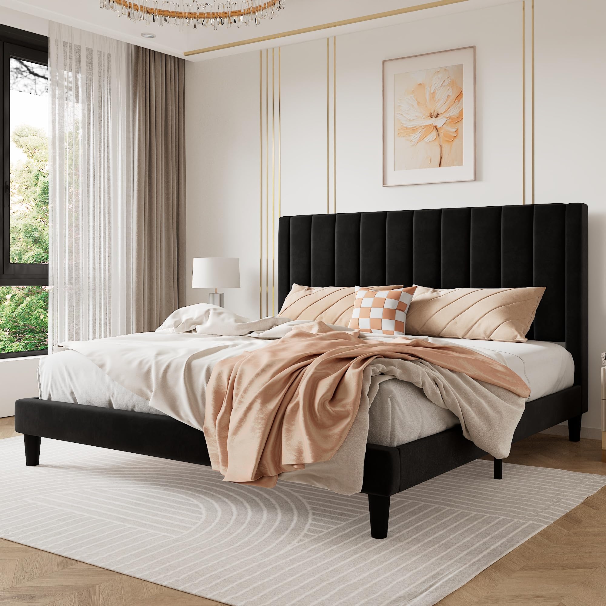 SHA CERLIN King Bed Frame Velvet Upholstered Platform Bed Frame with Headboard Strong Wood Slats Support Mattress Foundation