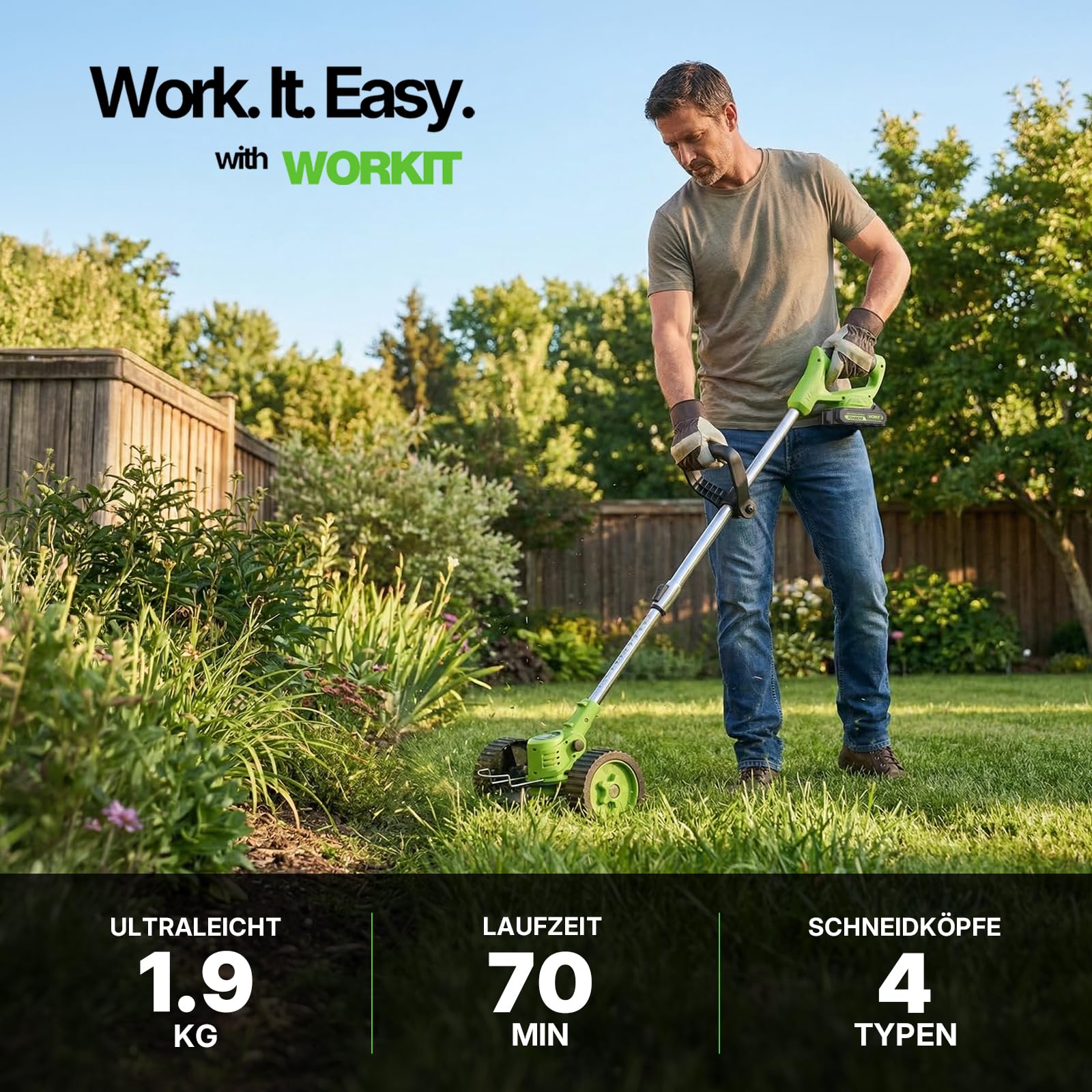 WORKIT 800W Akku Rasentrimmer mit Rädern, 3-in-1 Freischneider Akku & Rasenmäher-Modus, inkl. 2x 2,0 Ah Akkus, rückenschonender Teleskopstiel, akku rasentrimmer für Dickicht, rasentrimmer mit akku Set