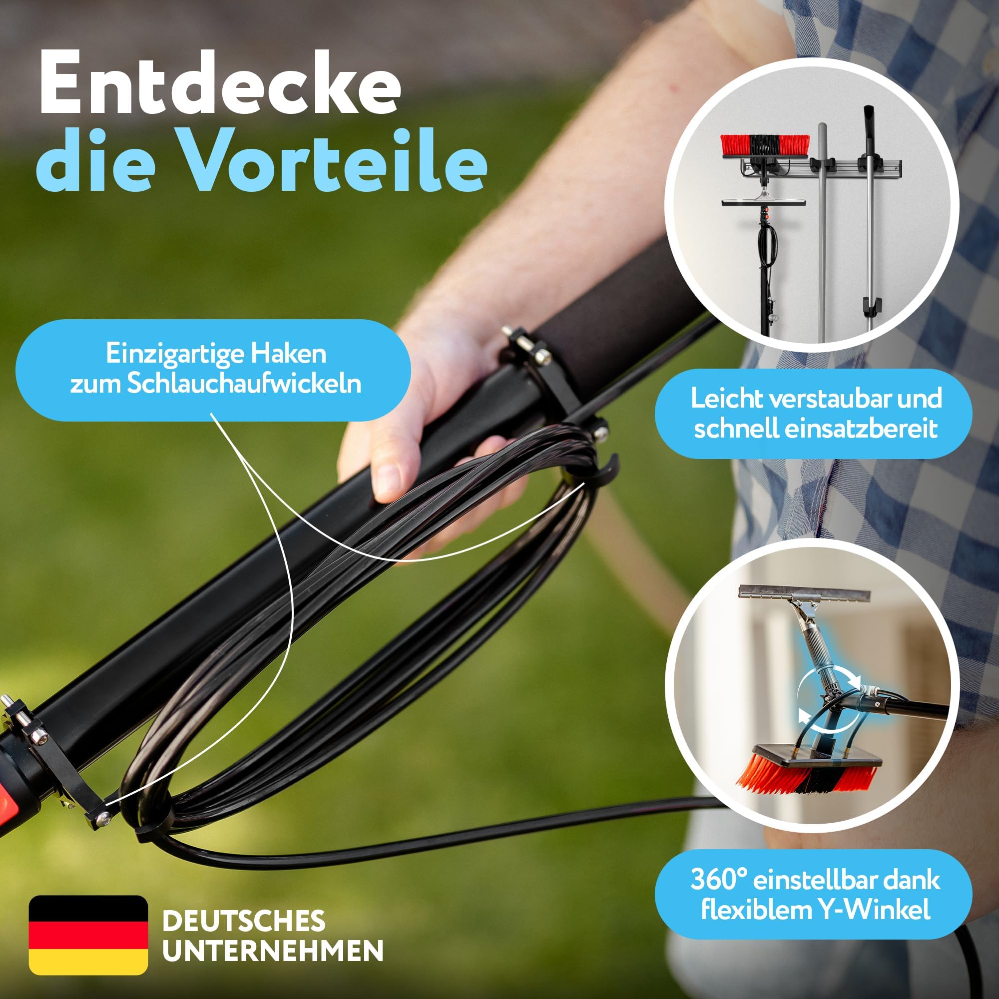 Teleskop Waschbürste 4,6 m Set mit Wasseranschluss & Abzieher | Verstärkter Aluminium-Teleskopstiel, Aufbewahrungshaken, Wasseranschluss & Seifenspender, Mikrofaserbezug & Abzieher
