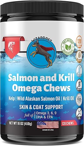 Wild Alaskan Salmon Krill - Masticables de aceite de krill para perros, 120 golosinas suaves, suplemento de pescado Omega 3 6 9, EPA, DHA para piel