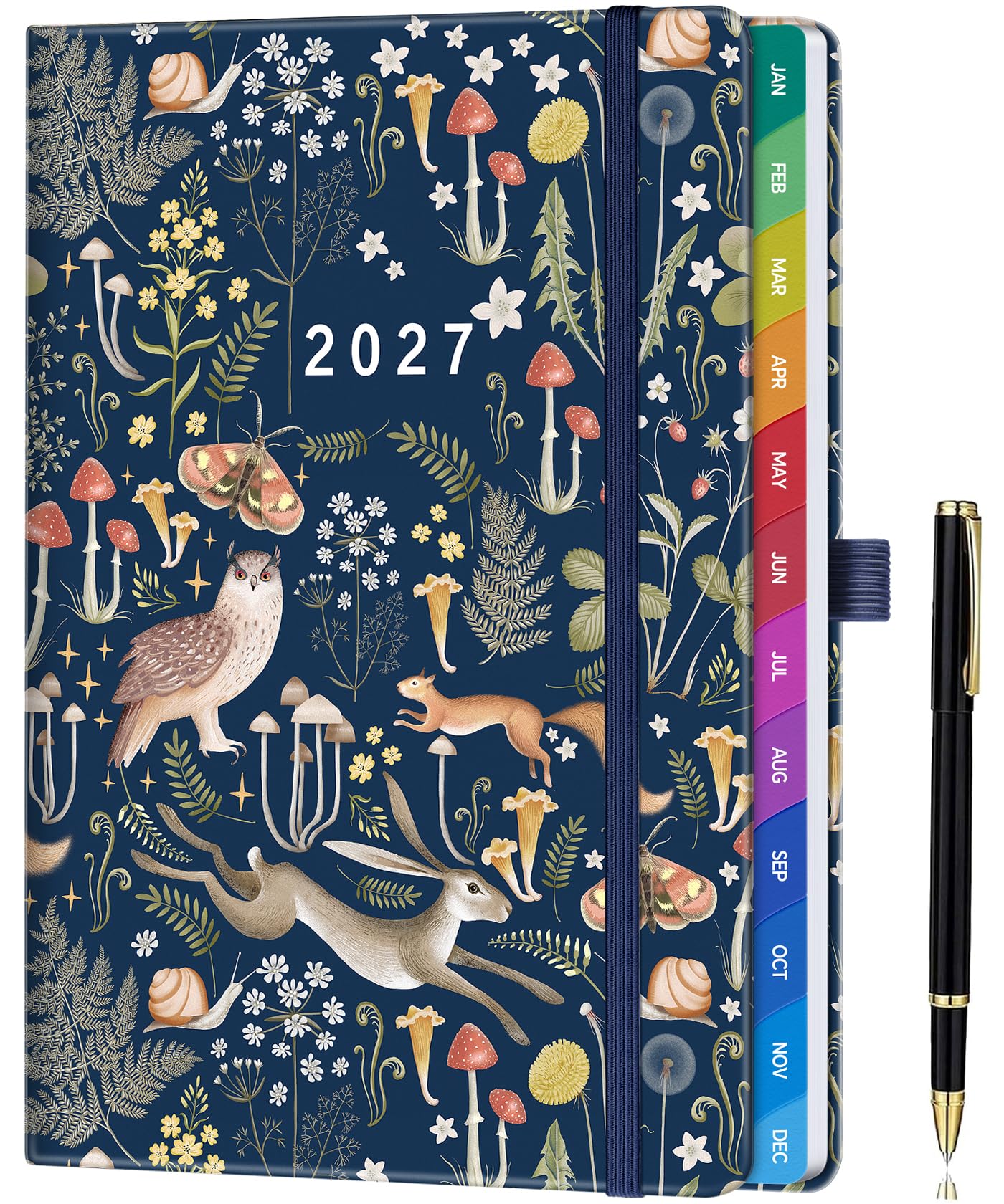 Diary 2027 Week to View A5, Full Year Weekly & Monthly Planner from Jan 2027 to Dec 2027, UK Holiday, Hardcover, Gradient Colorful Tabs, Notes, Back Pocket - Enchanted Forest