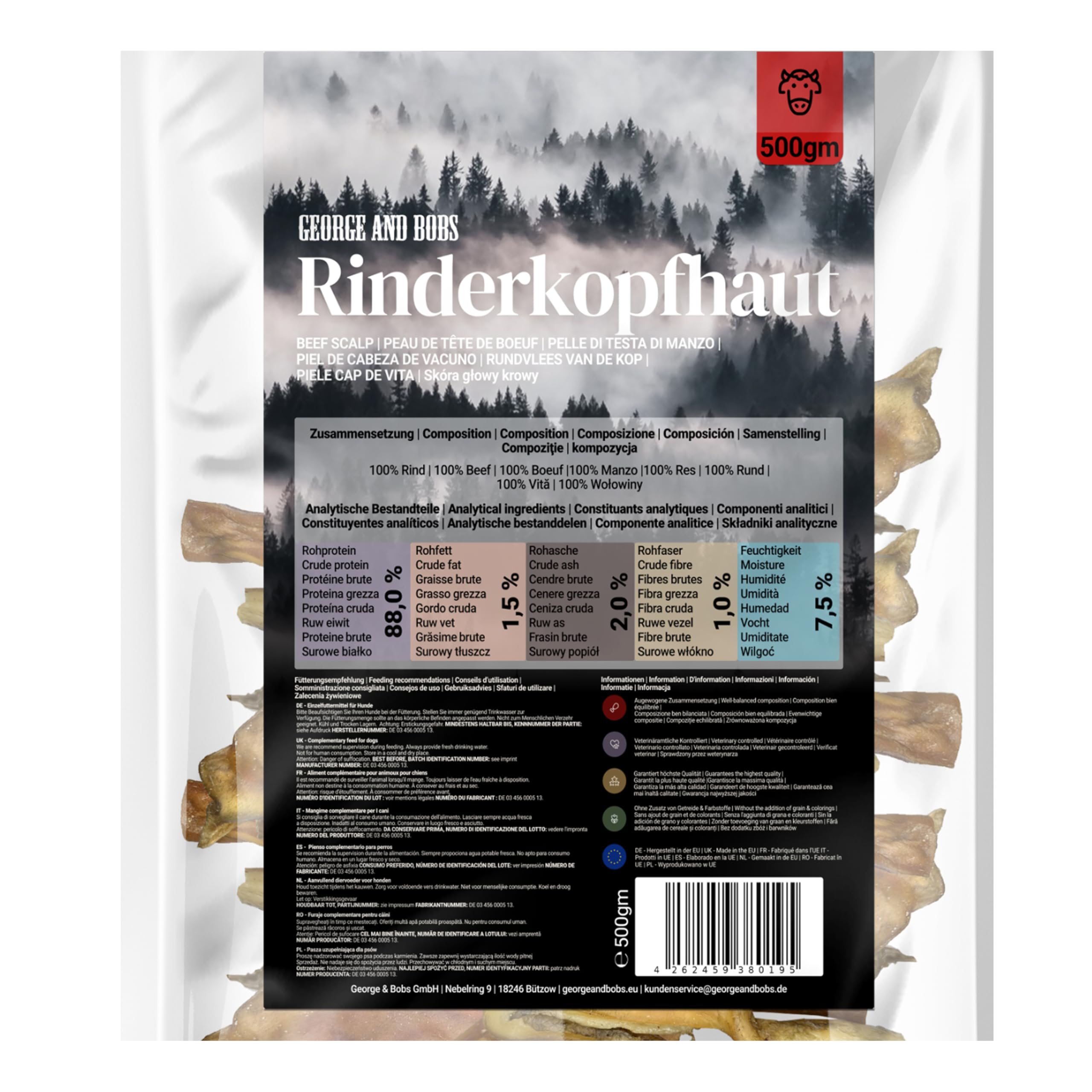 George & Bobs Rinderkopfhaut 5x1000g | 5000g – Aromatischer Naturkausnack für Hunde – Schonend luftgetrocknet – Verschiedene Größen für mittellangen Kauspaß