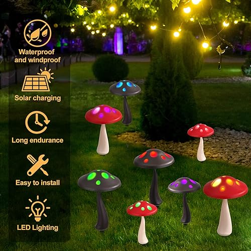 Miniatura 4 de Luces solares mejoradas de hongos para jardín al aire libre (4 adornos de hongos), 2 tamaños, luces de Navidad impermeables alimentadas por energía