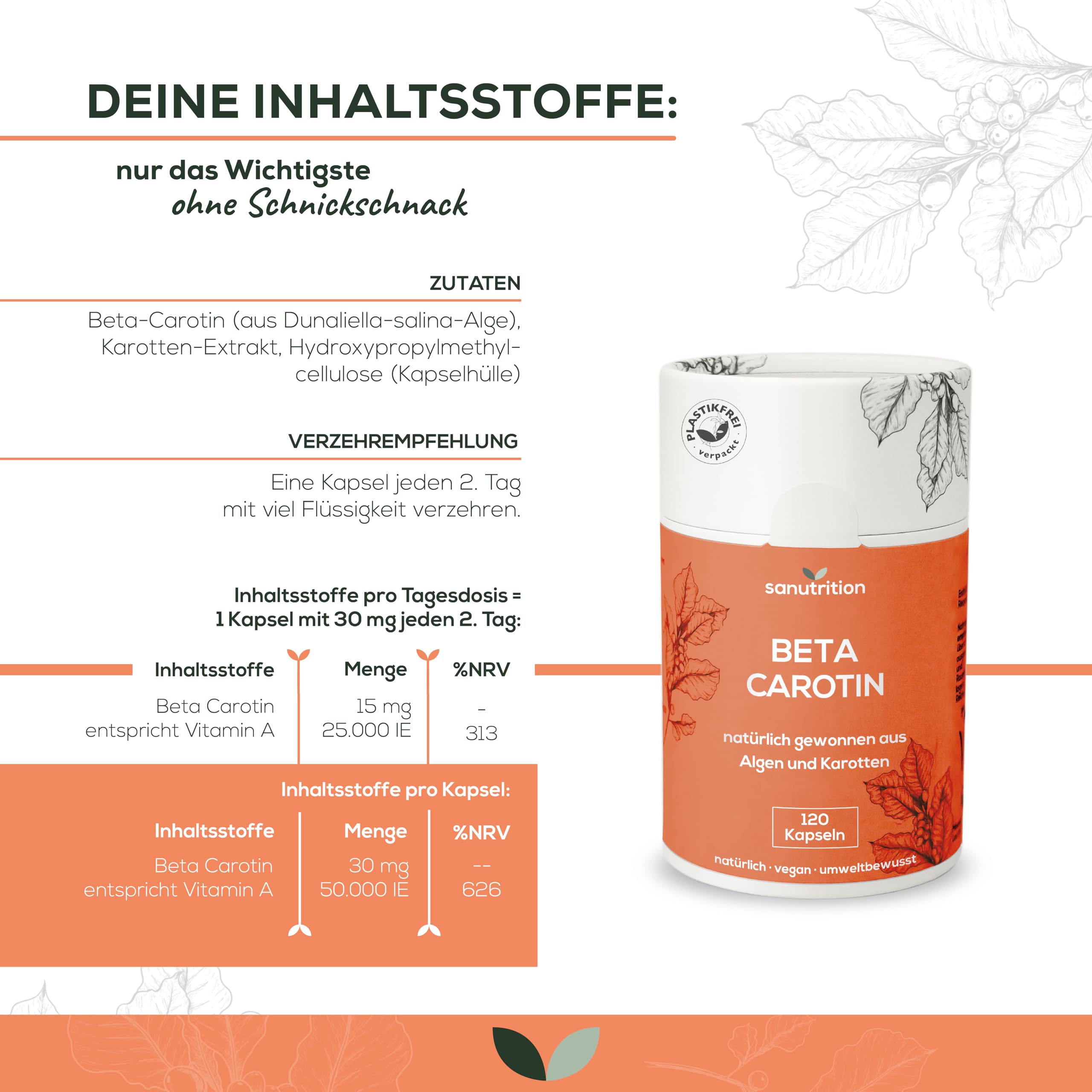 Beta Carotin aus Alge 50.000 IE Vitamin A pro Kapsel | 120 Kapseln | hochdosiert | aus Dunaliella-salina-Alge und Karotten-Extrakt | gute Bioverfügbarkeit und Verträglichkeit | vegan