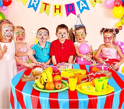 Miniatura 6 de Tatuo Mantel redondo de circo rojo y azul de 84 pulgadas, mantel de circo de carnaval, a rayas, desechables, de plástico, para fiesta de cumpleaños,