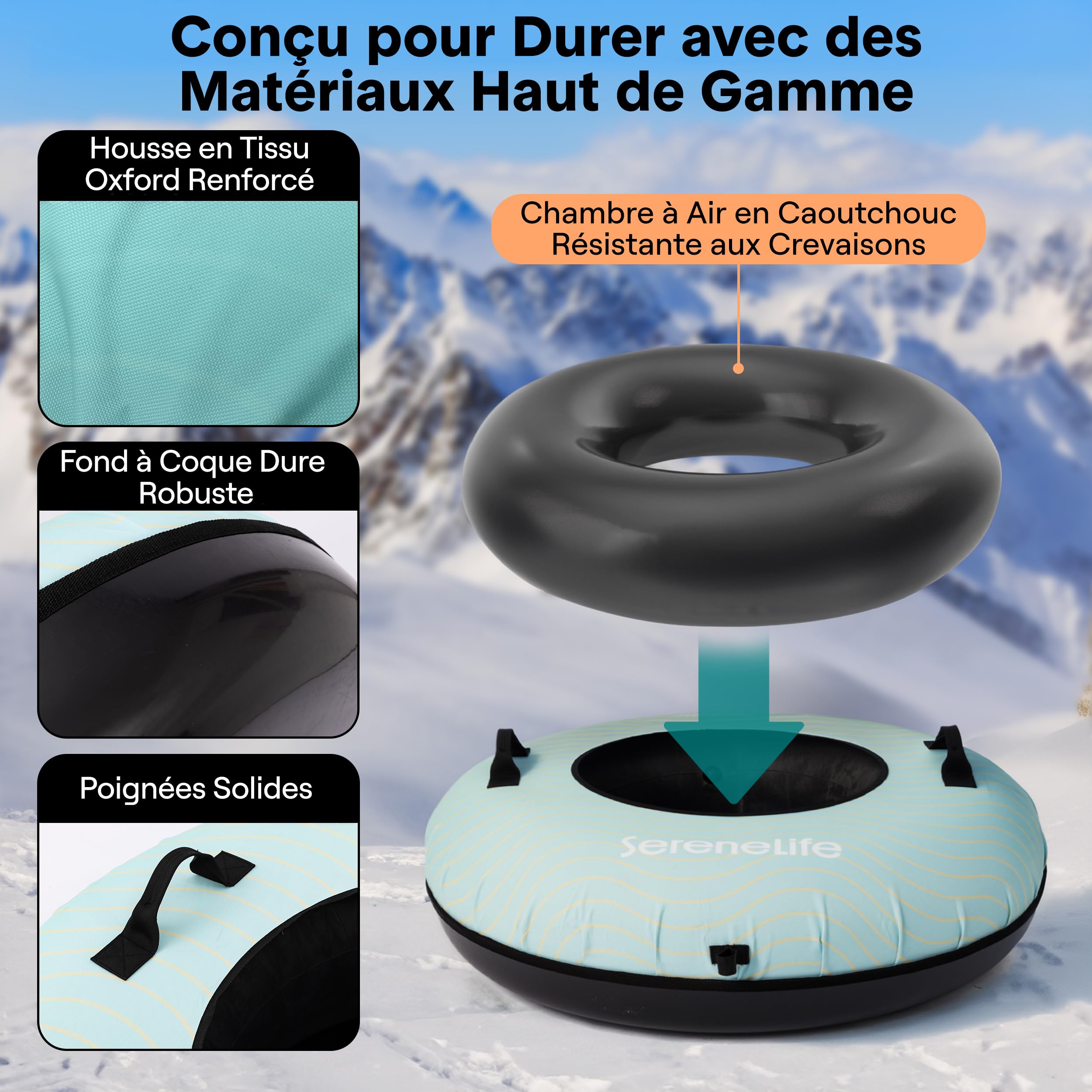 SereneLife Luge Gonflable 100 cm – Tube de Neige Résistant avec Coque Rigide et Housse Oxford – pour Enfants et Adultes