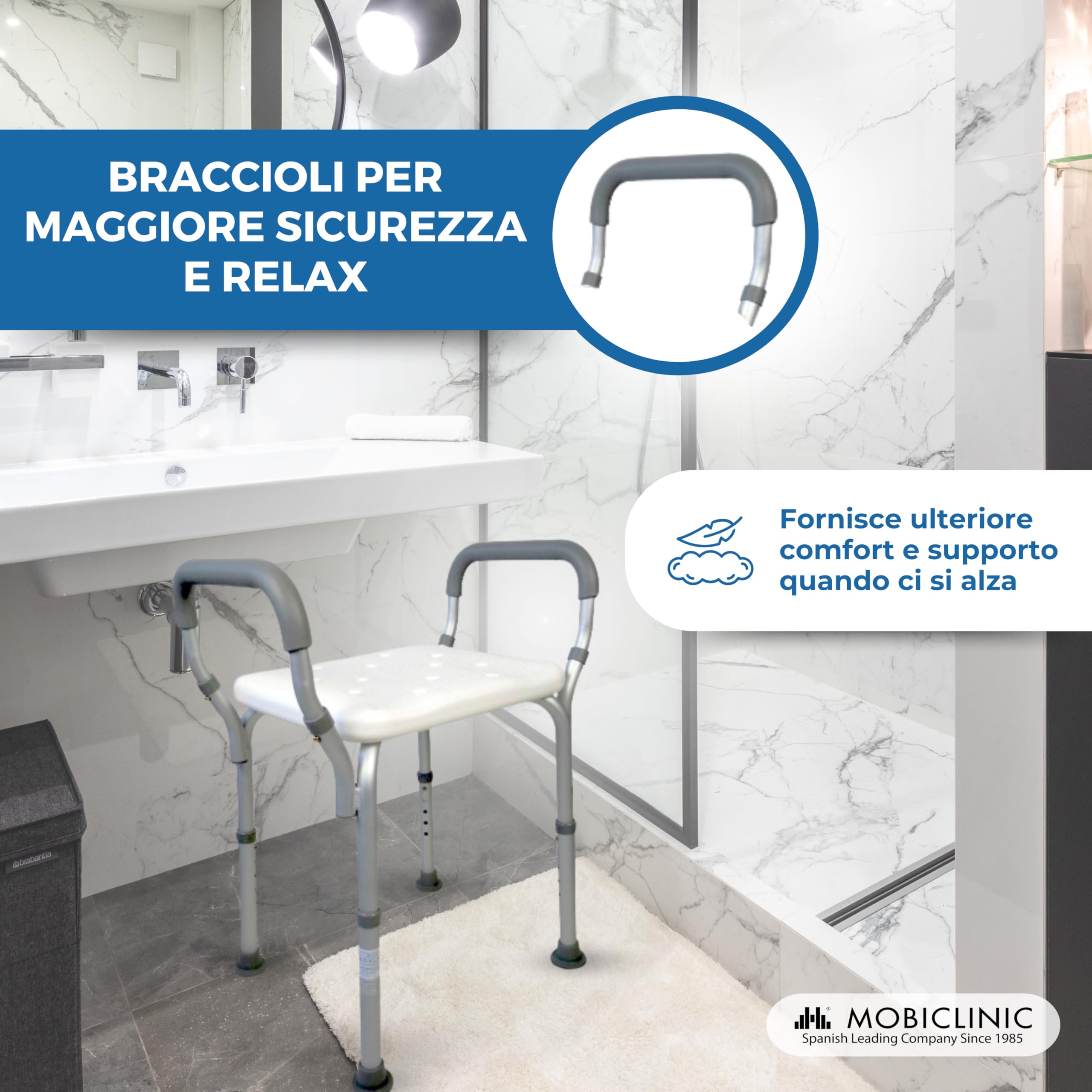 Mobiclinic®, Sgabello Doccia, Altezza Regolabile, Acueducto, Sgabello da Bagno, Puntali Antiscivolo, con Braccioli, MAX. 100 kg, Alluminio, Bianco