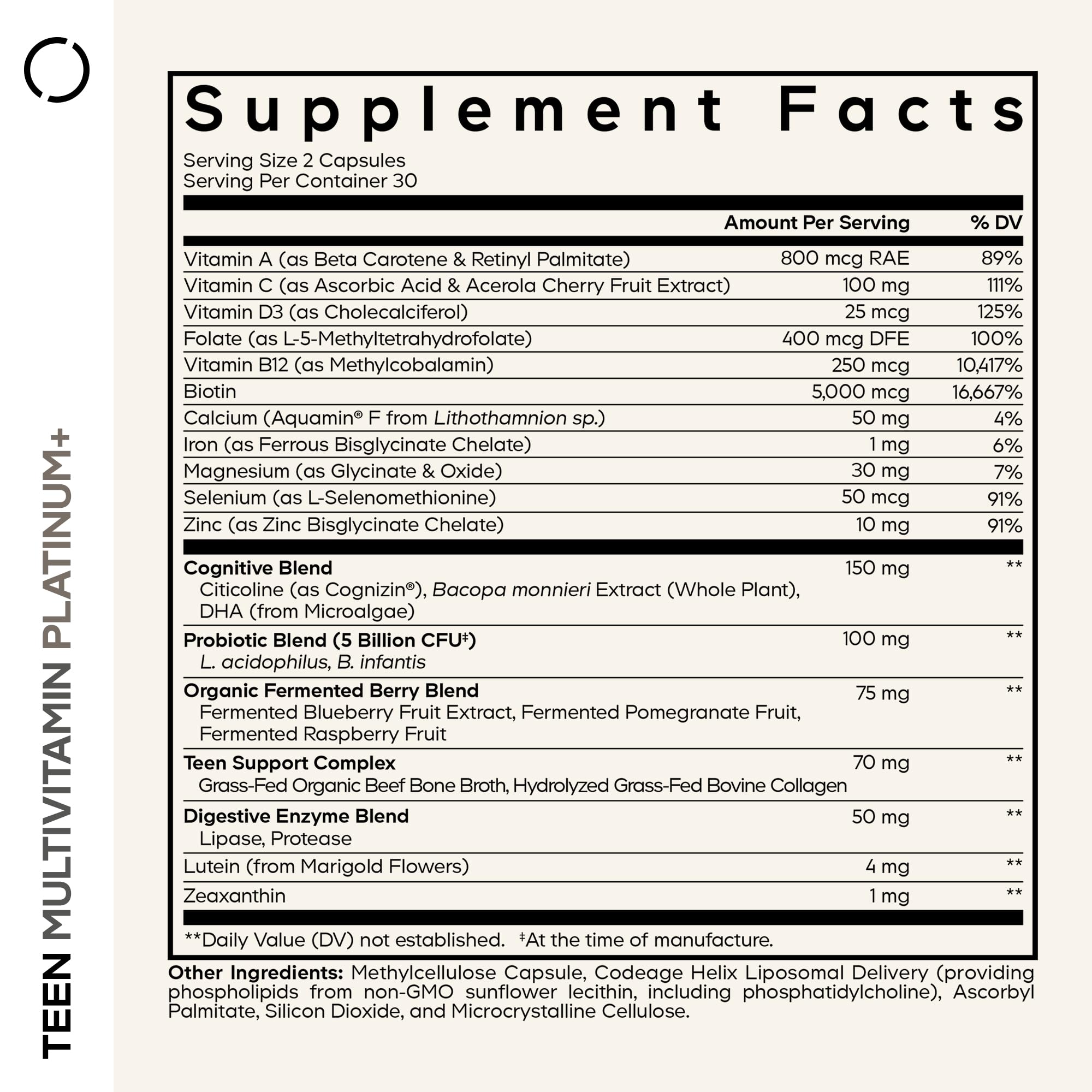 Codeage Teen Multivitamin+ Platinum Supplement - Vitamins A, C, D3, E, B6, B12, Minerals, Probiotics, Citicoline, Collagen, Bone Broth, Folate, Biotin, Lutein, Zeaxanthin - Non-GMO - 60 Capsules — Amazon image 2