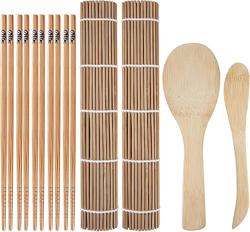 porffitoy Alfombrilla de bambú para sushi, rodillo de bambú para sushi, kit de alfombrilla para hacer sushi, incluye 2 alfombrillas de sushi, 5