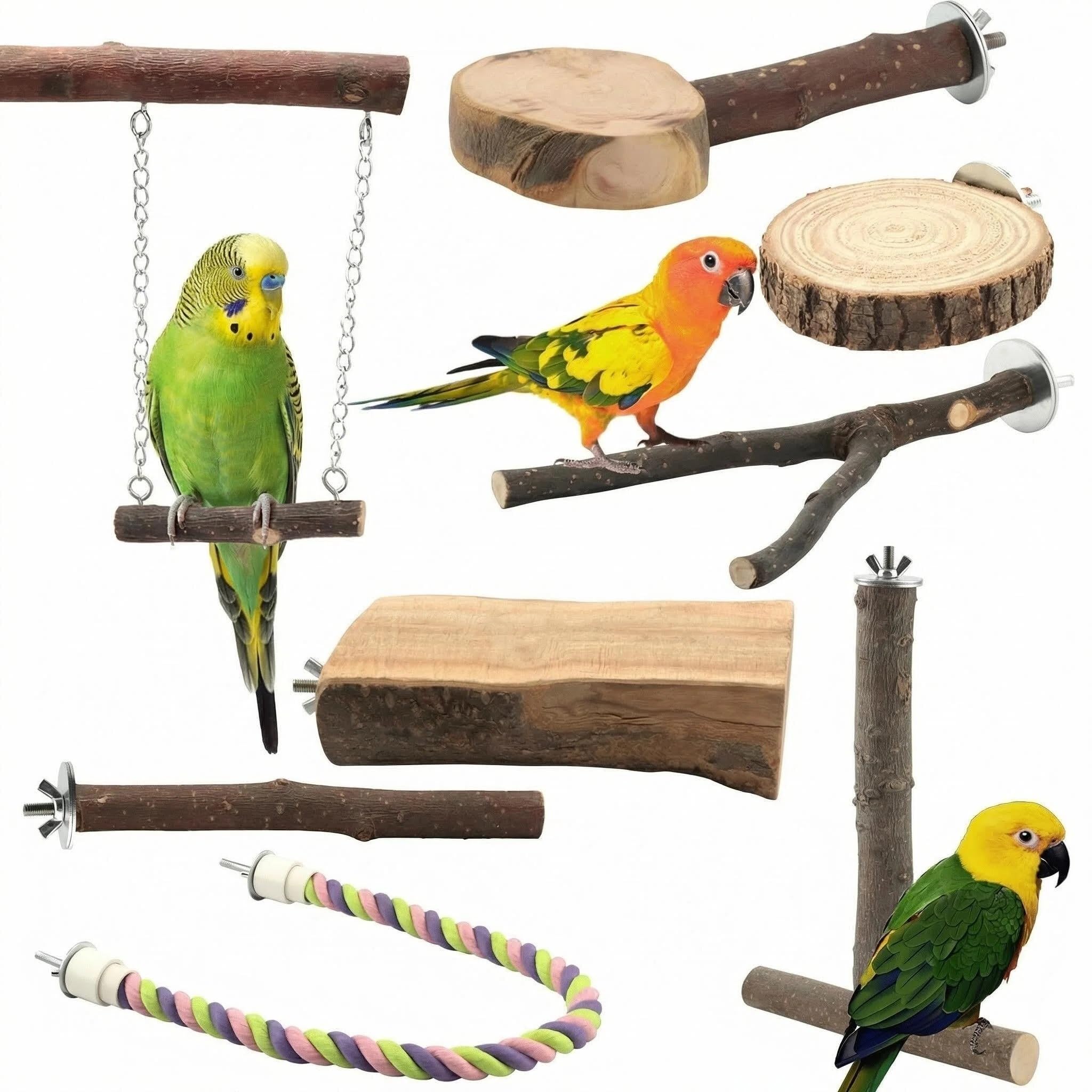 8PCS Natural Wood Bird Perches, Parrot Perch Stand & Chewing Toy with Multi-Branch & Rope, Cage Accessories for Parakeets, Conures, Cockatiels, Lovebirds, Budgies