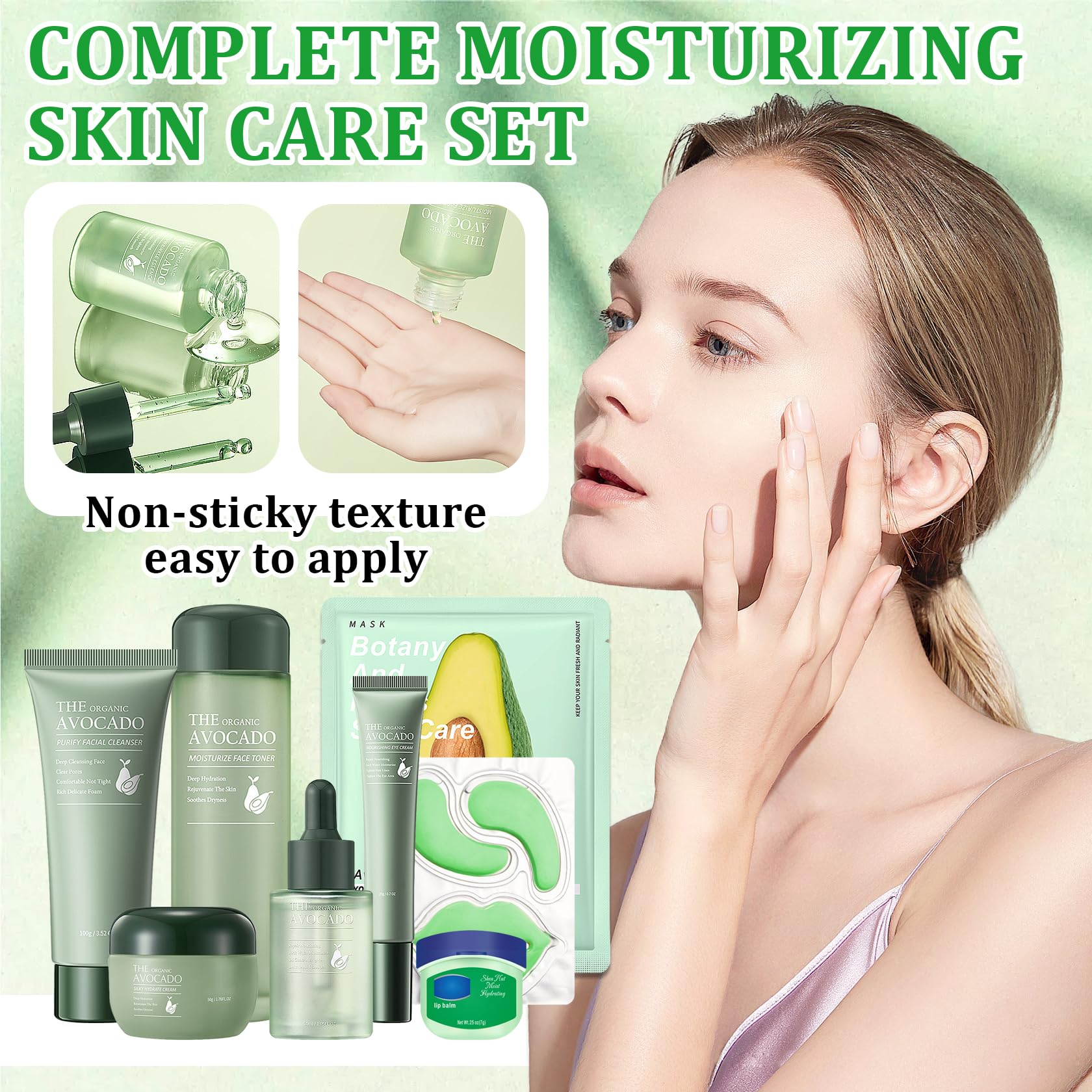 Juego de 10 piezas de cuidado de la piel de aguacate con limpiador facial, tónico, suero facial, crema facial, crema para ojos, bálsamo labial hidratante, parche debajo de los ojos y máscara labial, 7