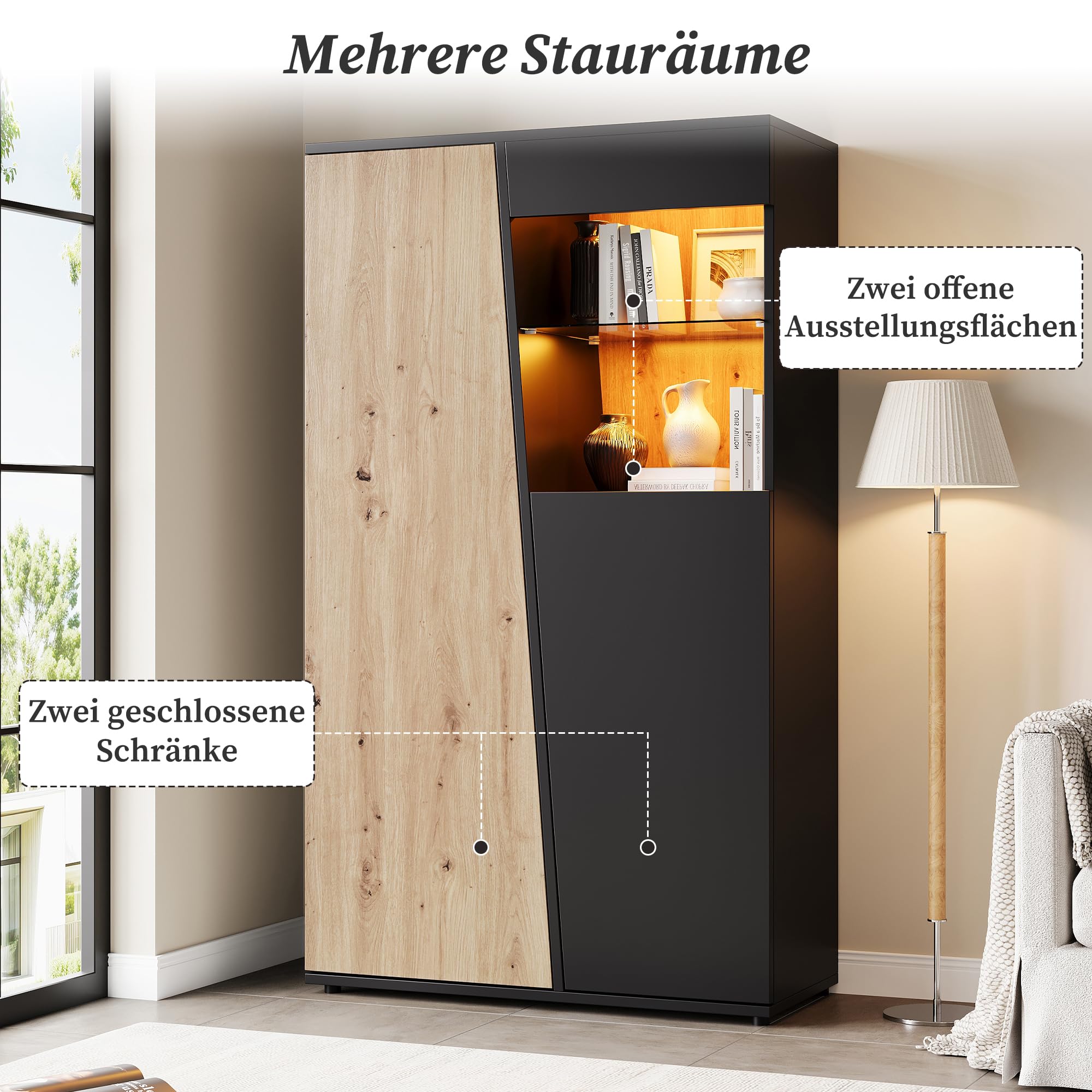 Tidyard Vitrina Expositor Independiente con Luces LED Bluetooth | Mueble de Almacenamiento y Exhibición con Puertas de Cierre Suave | Estantería Alta para Salón, Dormitorio o Estudio | 9 Compartimento