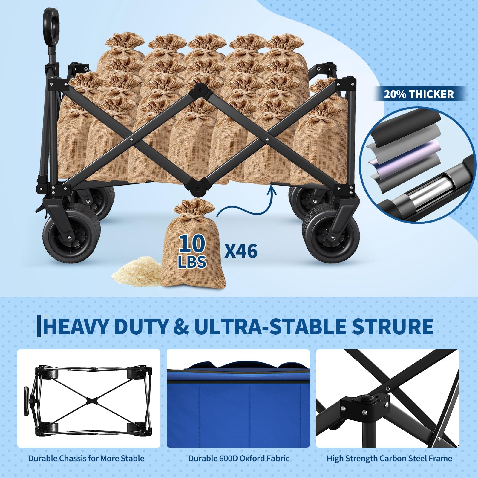 Carrello Pieghevole Spiaggia Grande Capacità Carrello Nero Ruote 8 Pollici Tutto Terreno con Tasche Laterali e Cordini Elastici Fissatori, Trolley per Il Campeggio