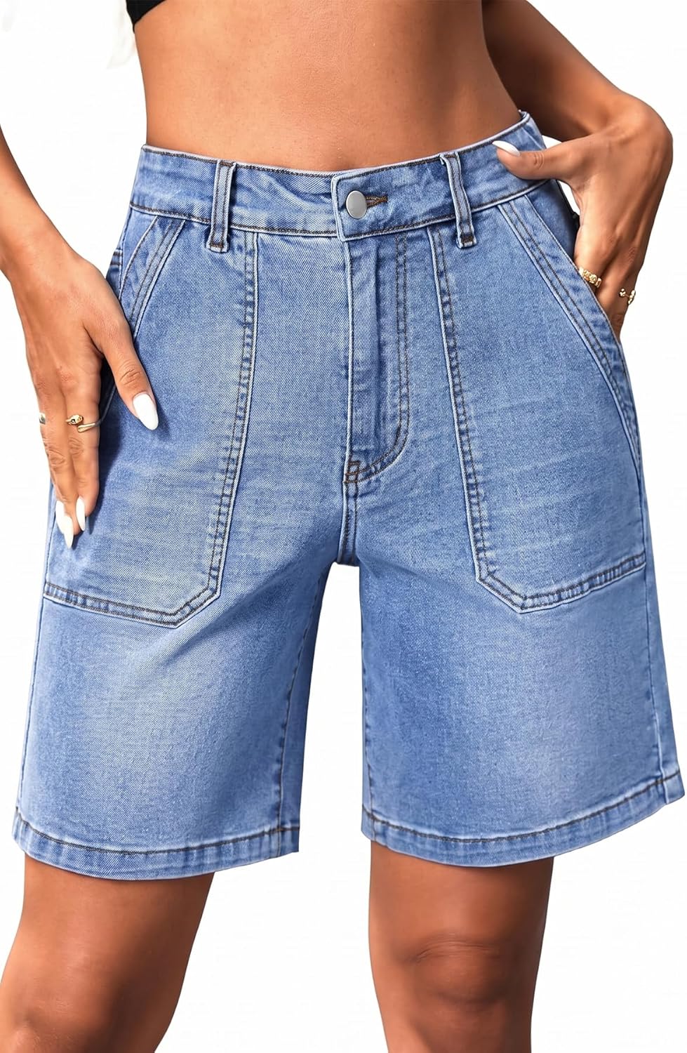 ELLEVEN Womens Denim Bermuda Shorts Elastic Waist, Stretchy Jean Trendy Summer Long Jorts with Big Pockets