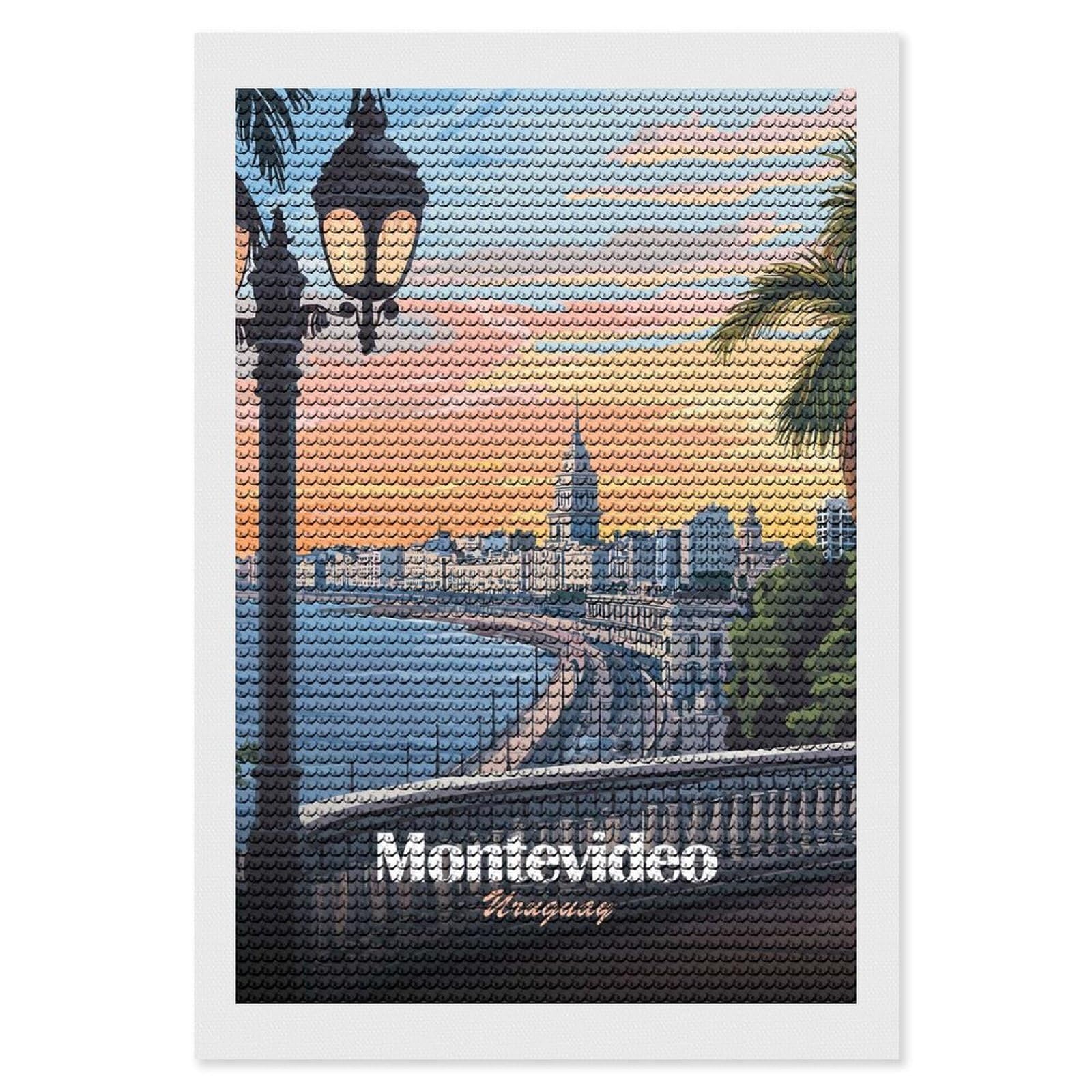 Junmoney Montevideo Uruguay Cityscape Travel Diamond Art Kit 8"x12", Bedroom Decor, Adhesive Canvas, Full Kit Included, Thoughtful Present, Birthday Gift