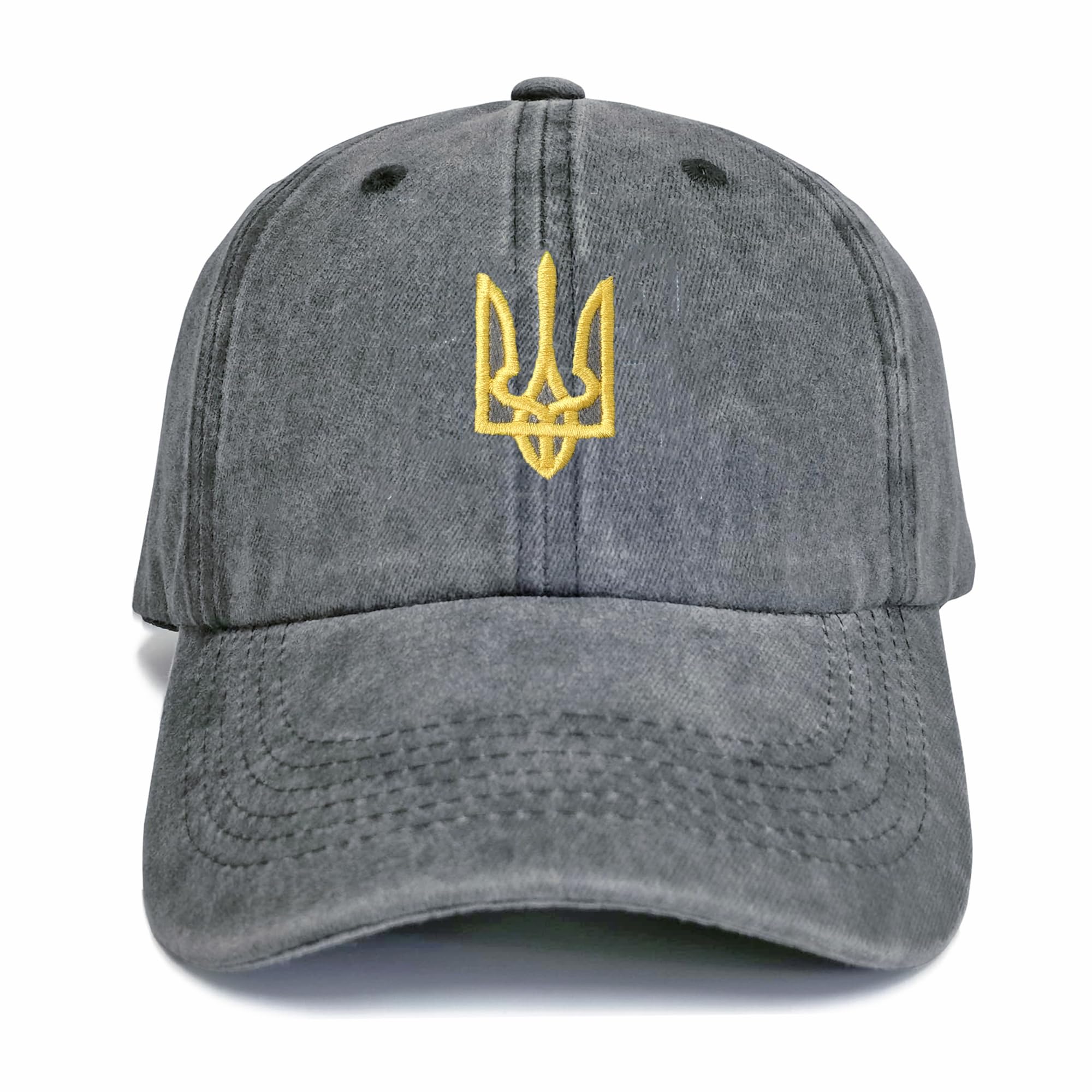 Giavuwn Embroidered Ukraine Hat Retro Vintage Washed Cotton Denim Baseball Caps Grey