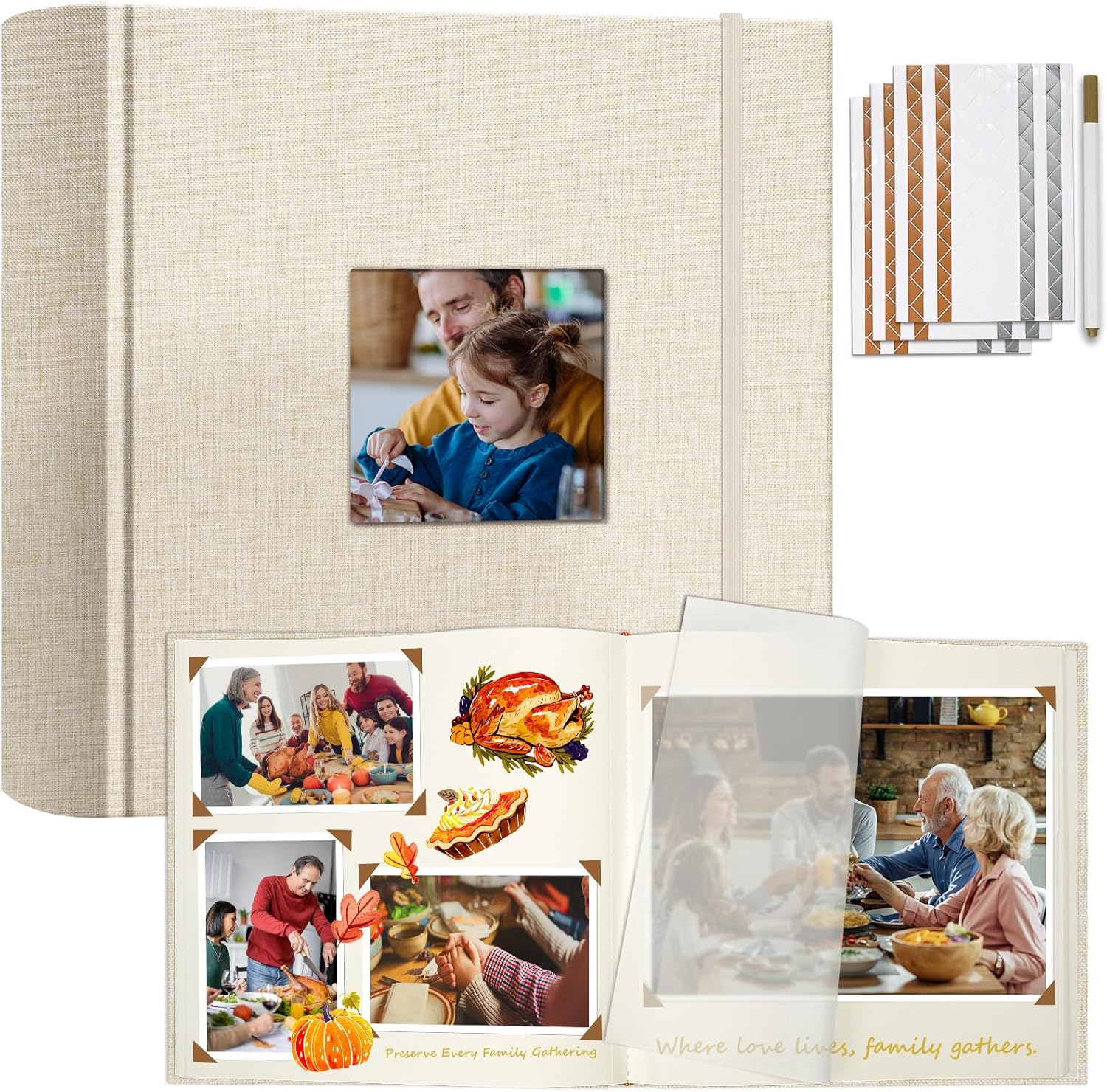 Vienrose Scrapbook Album 12" x 12", Large Linen Photo Album with Writing Space, DIY Scrapbook Supplies for Wedding, Baby, Family Memories & Travel (50 sheets / 100 pages, Beige)