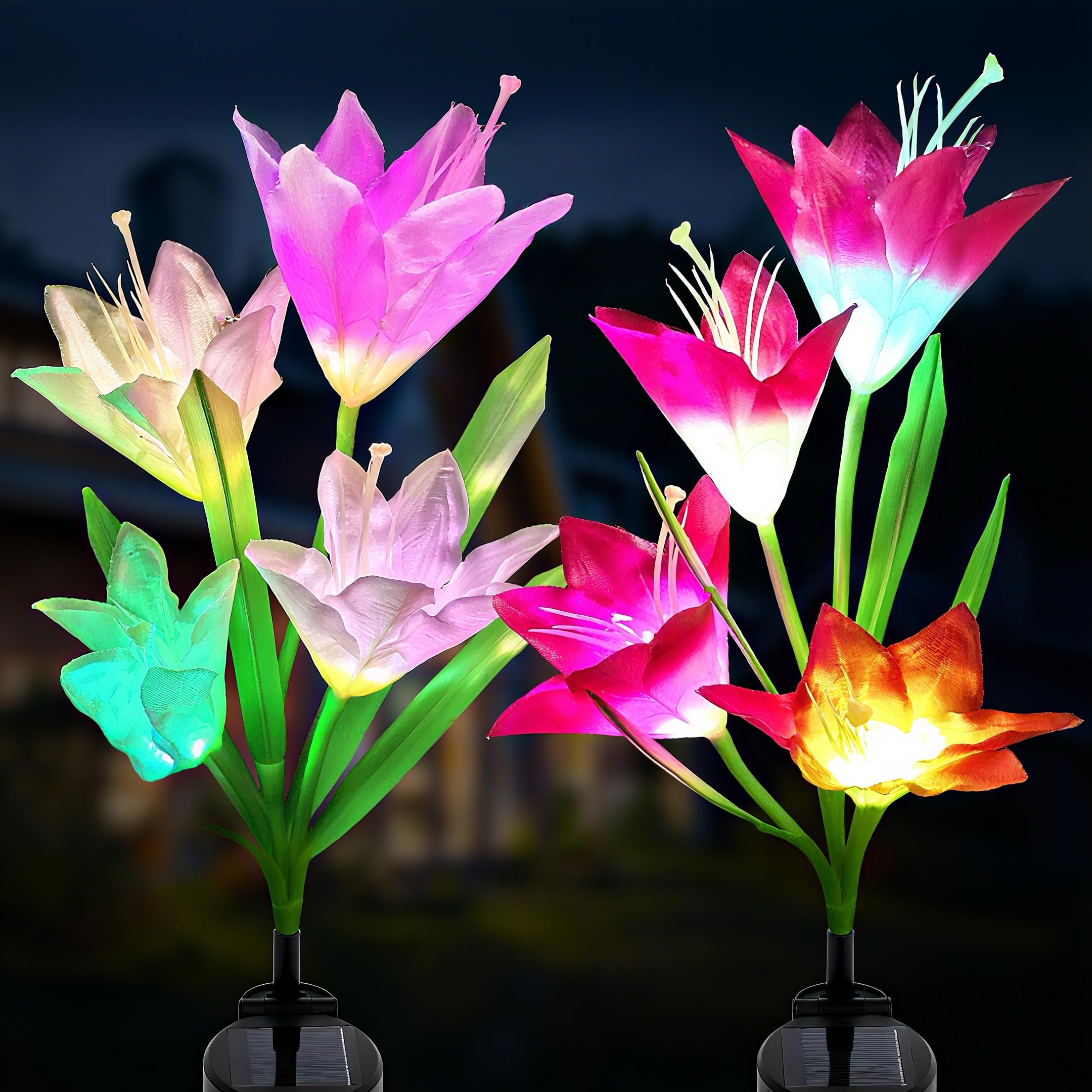 WELIGHT Outdoor Solar Lights – Decorative LED Flowers – Pack of 2 Solar Lilies Patio Décor – Purple & White Solar Powered Garden Decoration Lights -Backyard Lighting – Waterproof Lily Flower-image-15