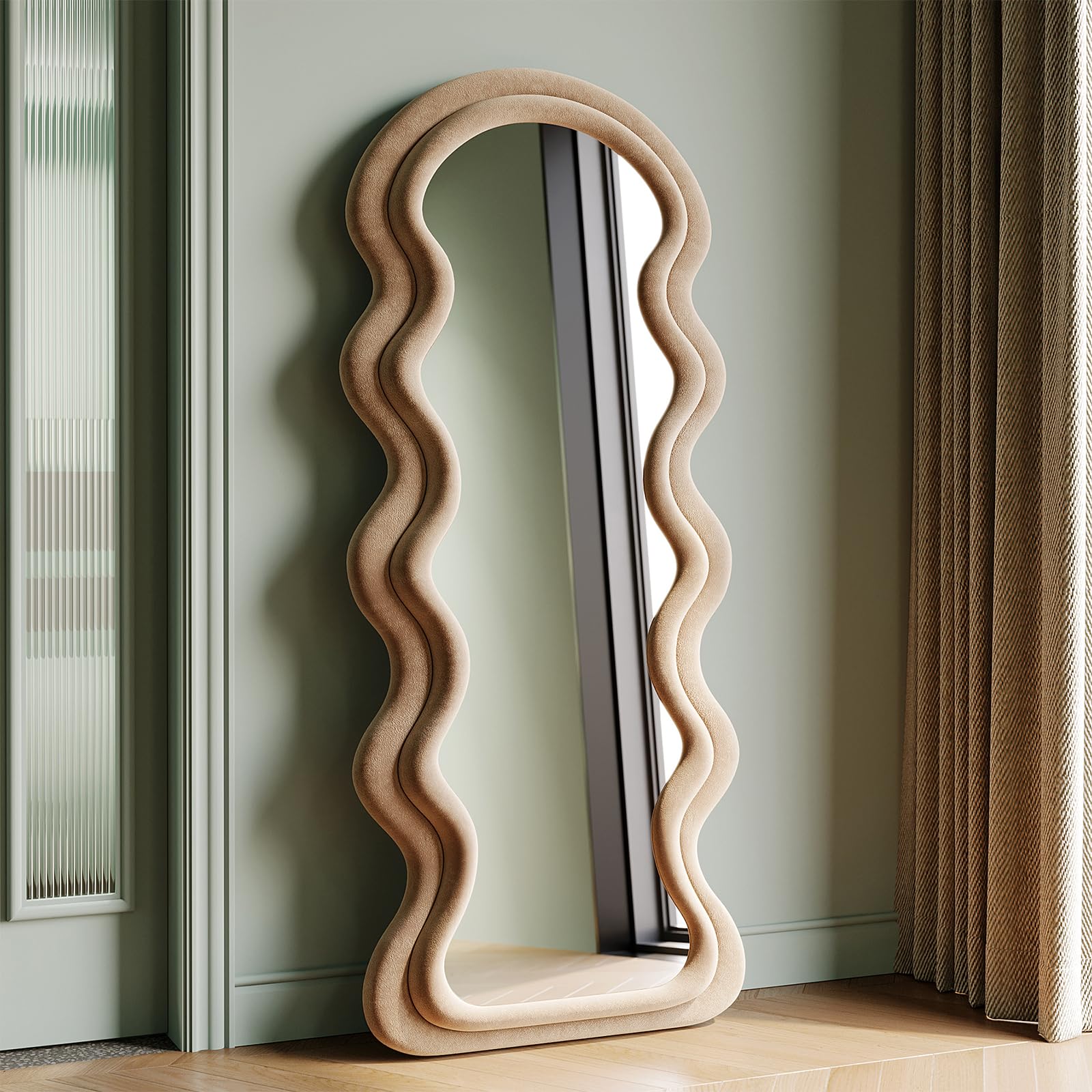 Espejo ondulado asimétrico grande de cuerpo entero, espejo de pared con marco de madera envuelto en franela, colgante o inclinado, té con leche 160 x 60 cm