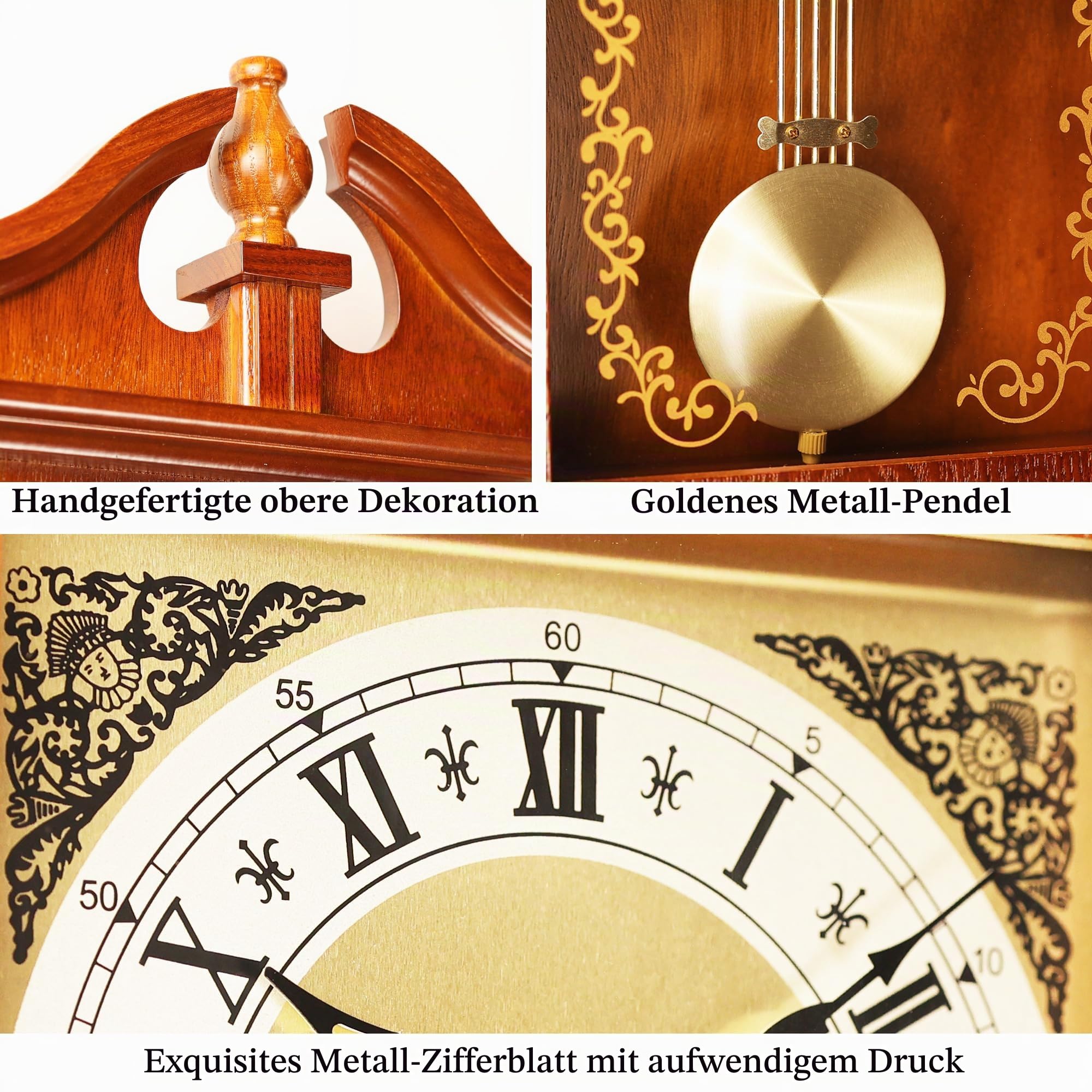 AYRELY® Vintage Standuhr 64,5 cm mit Pendel und Rubberwoodrahmen – Klassische Wanduhr mit Stunden- und Viertelstundenschlag für Wohnzimmer & stilvolles Home-Dekor