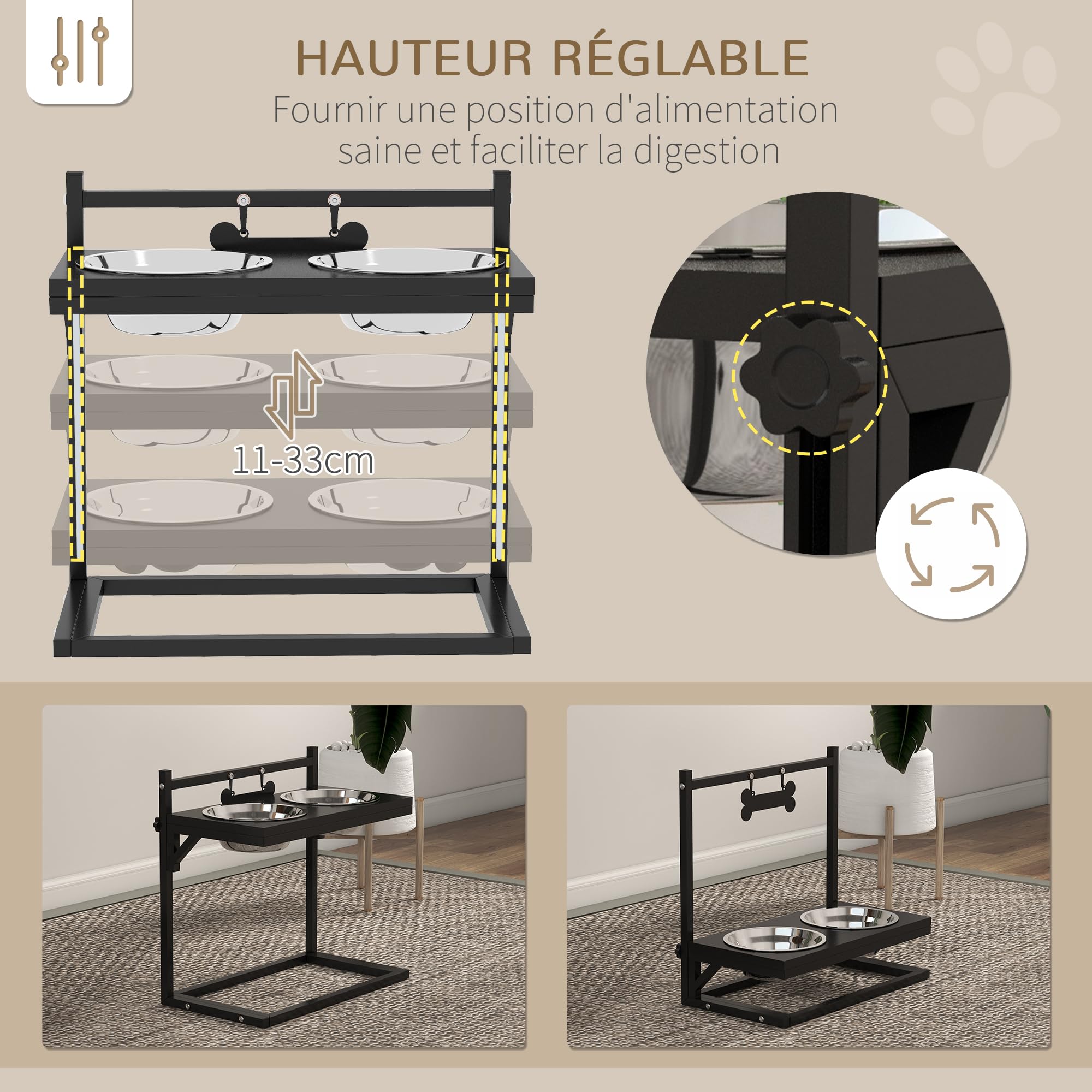 PawHut Gamelles surélevées Chien, 2 Bols en Acier inoxydables Amovibles, avec Plaque Forme d'os, Support réglable en Hauteur 11-33 cm, Noir