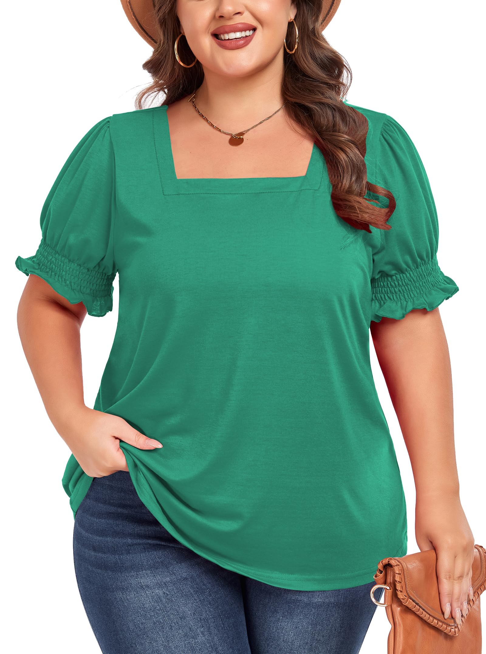 ForHailey Women's Plus Size Tops Square Neck Blouses Short Sleeve T Shirts Casual Ruffle Trim Sleeve Tunic Tops
