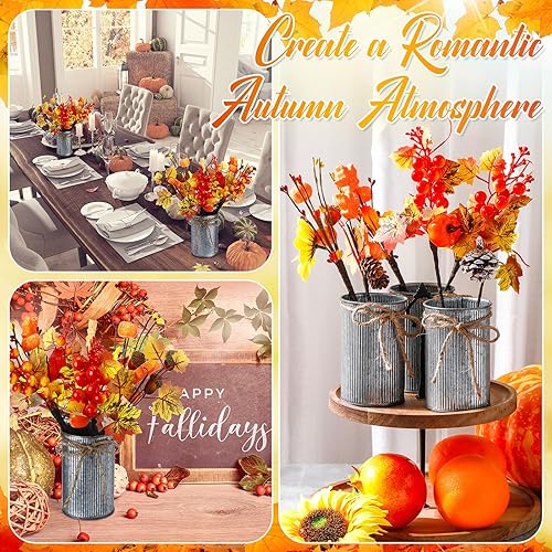 Miniatura 6 de Zeyune 9 piezas de flores artificiales de otoño, centro de mesa, decoración de flores artificiales de otoño con macetas de metal para Acción de