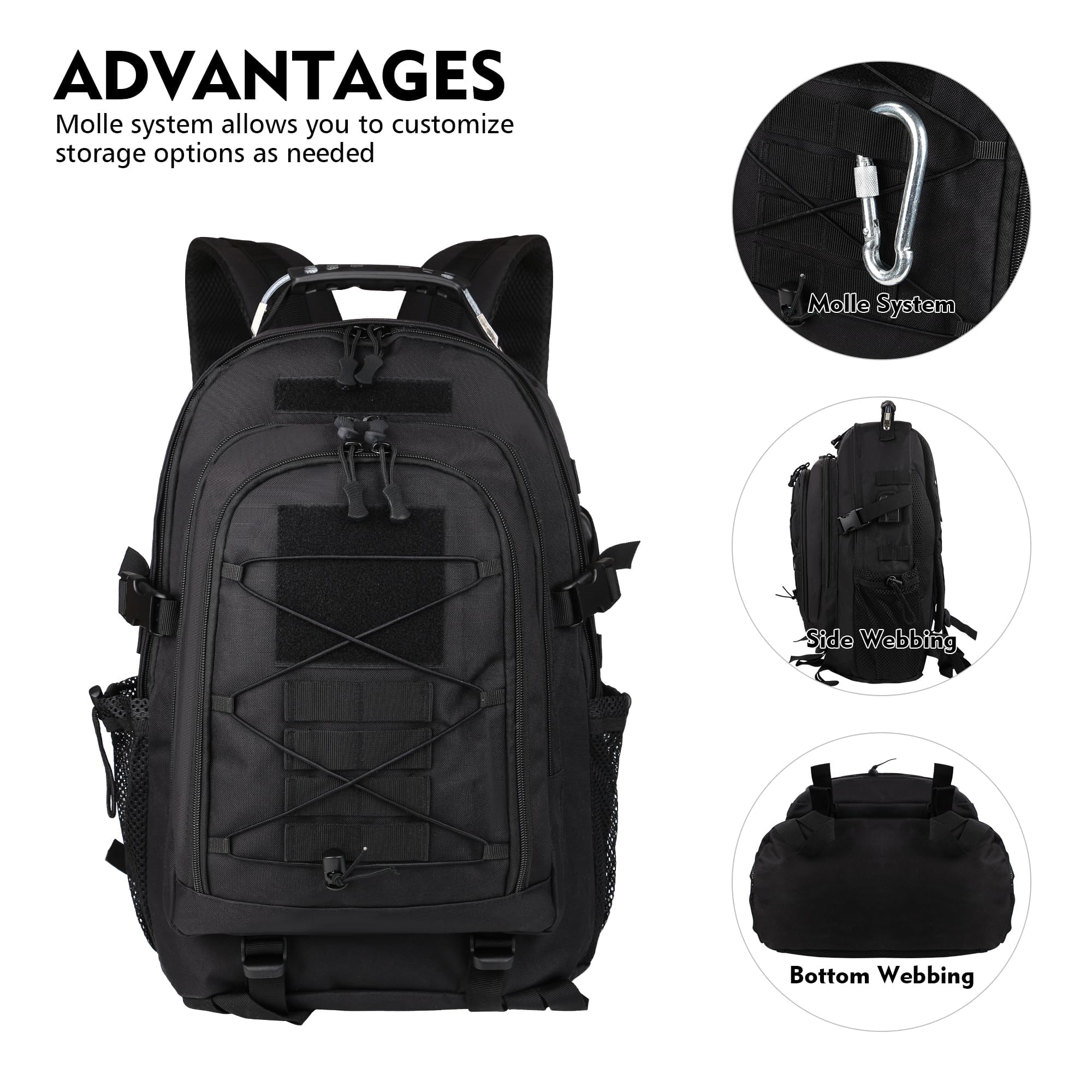 aiGear 35L Zaino Tattico Militare Grande Capacità Impermeabile Nero | Militare Zaino, Borsone da Viaggio per Uomo/Donna, per Sport all'aperto Trekking Escursioni Pesca Palestra Camping