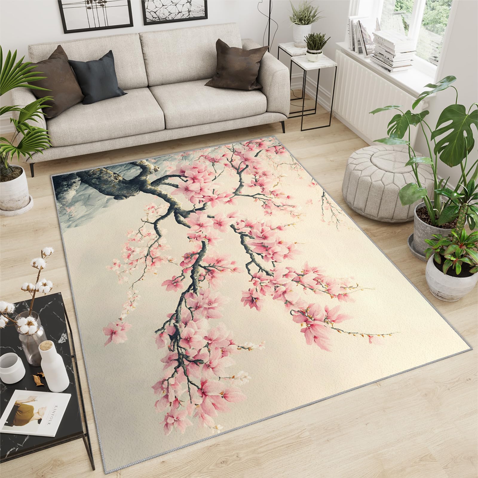 Japanische Teppiche für Schlafzimmer, 90 x 150 cm, Kirschblüten-Design, rutschfest und waschbar, antiker, künstlerischer Innenteppich, weiche Geräuschreduzierung, asiatischer Stil