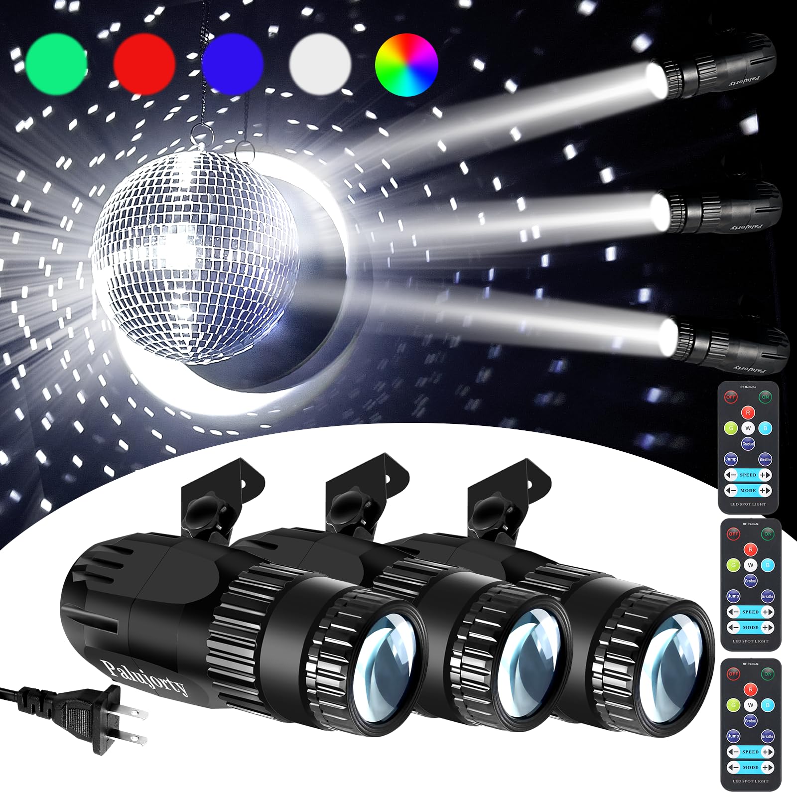 3 Pack Disco Ball Spotlight, Palujorty 15W RGB Pinspot Light with Remote, 320° Rotation, 10+ Color Effects, 65" Cord for Ceiling, Stage, Club, Party