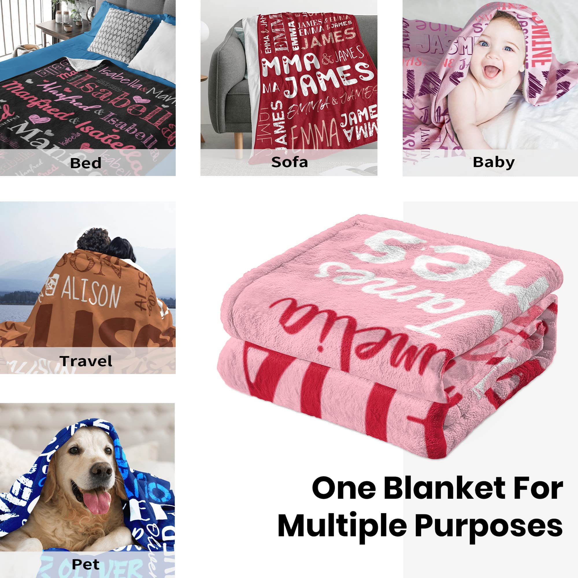 Personalized Blanket With Name - Custom Monogrammed Flannel Blanket For Adults, Kids, Baby, 4 Sizes