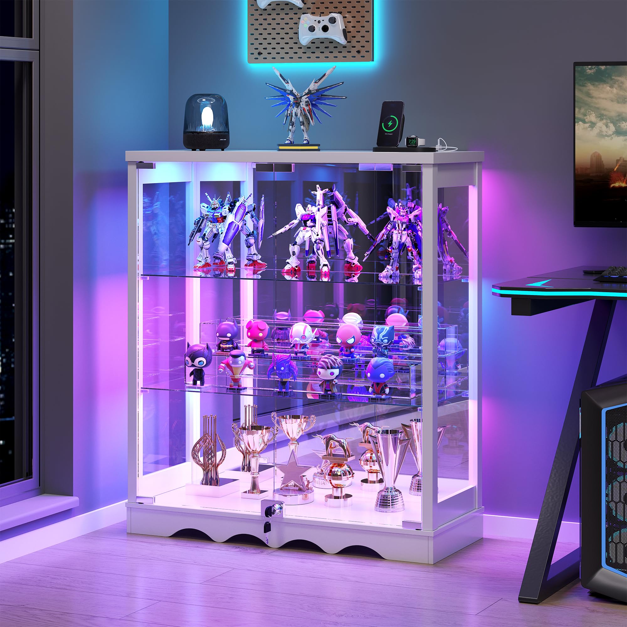 TAGELIER Glasvitrine Stehend mit LED Beleuchtung – Klein Vitrinenschrank mit Schloss und verstellbaren Regalen Sammlervitrine, 3-stufige Abschließbar Vitrine, Weiß