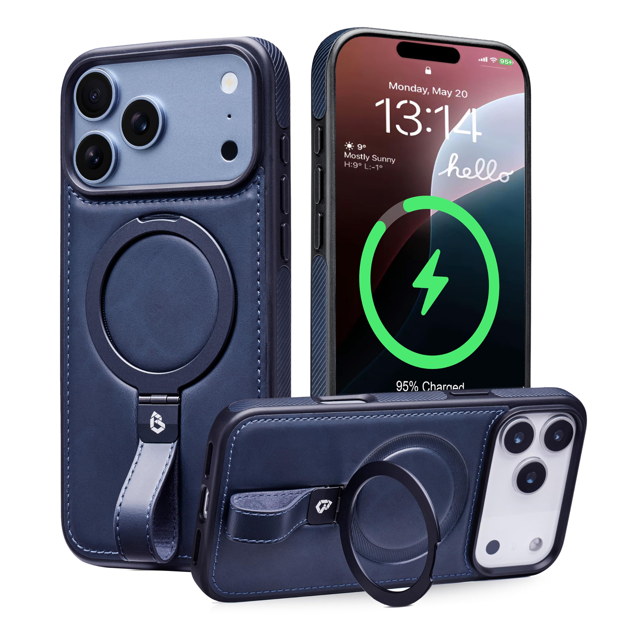 Butaiga for iPhone 18 Pro Max Case Leather Strap with Ring Stand, Blue