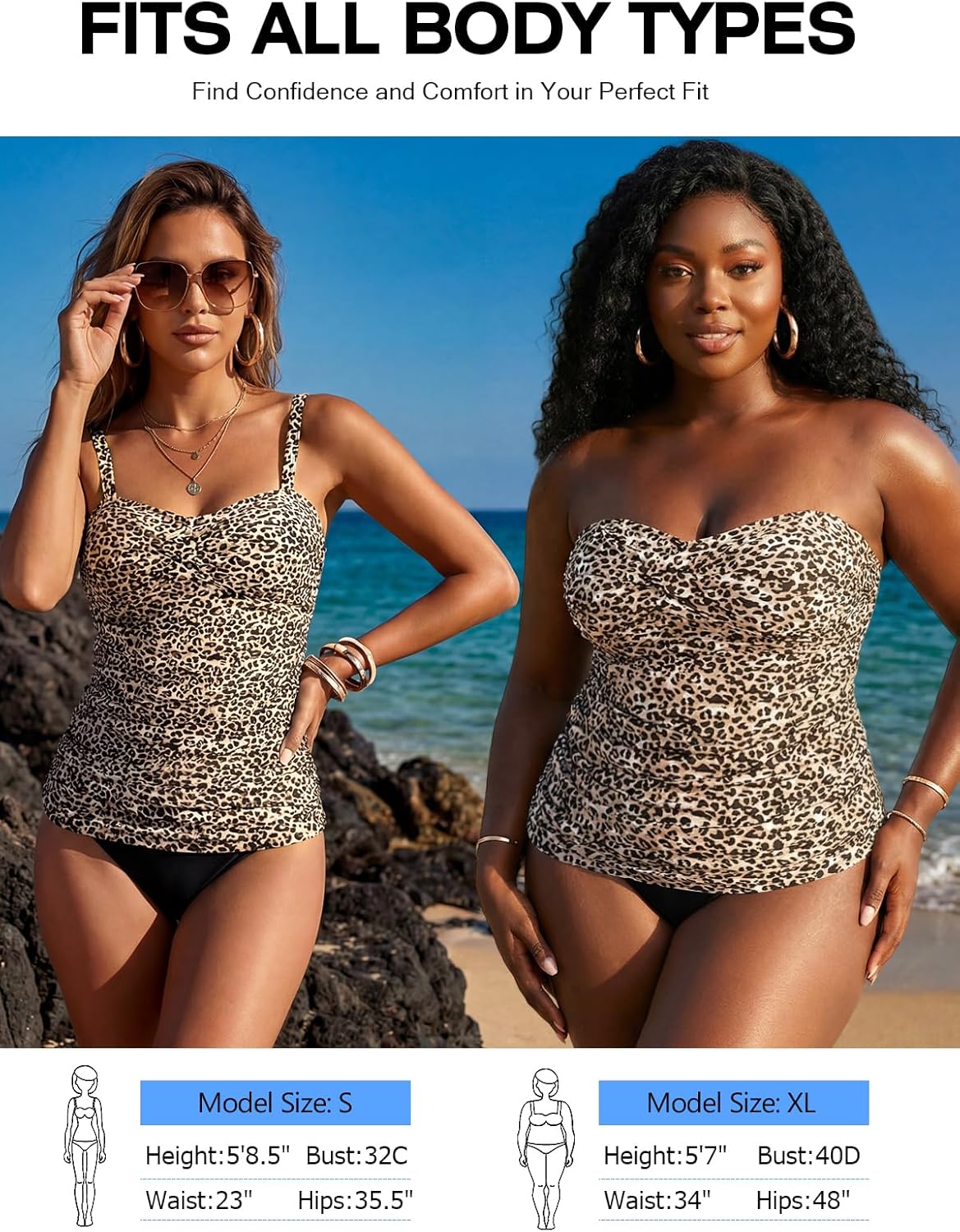 RELLECIGA Women’s Ruched Tankini Sets Tummy Control Two Pieces Bathing Suit Bandeau Tankini with Cheeky Swimsuit Bottom - Image 5