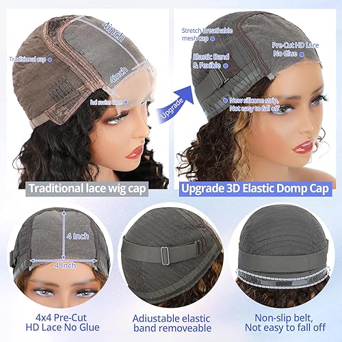 Miniatura 3 de Pelucas de cabello humano sin pegamento, prearrancadas, con reflejos rubios, pelucas cortas y rizadas con encaje frontal para mujeres negras, peluca