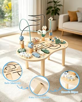 Wooden Activity Table for Kid: 7 IN 1 Montessori Toy for Toddler 1 2 3 Year Old with Bead Maze,Shape Sorter and Orbit Maze - Educational Sensory Game & Gift