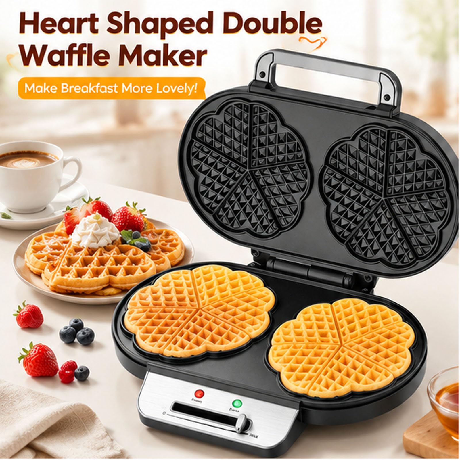 Wafflera en forma de corazón, temperatura ajustable | Gofrera Belga, Placas Antiadherentes, Fácil de Limpiar, Acero Inoxidable, gofrera de hierro fundido para Gofres, Galletas