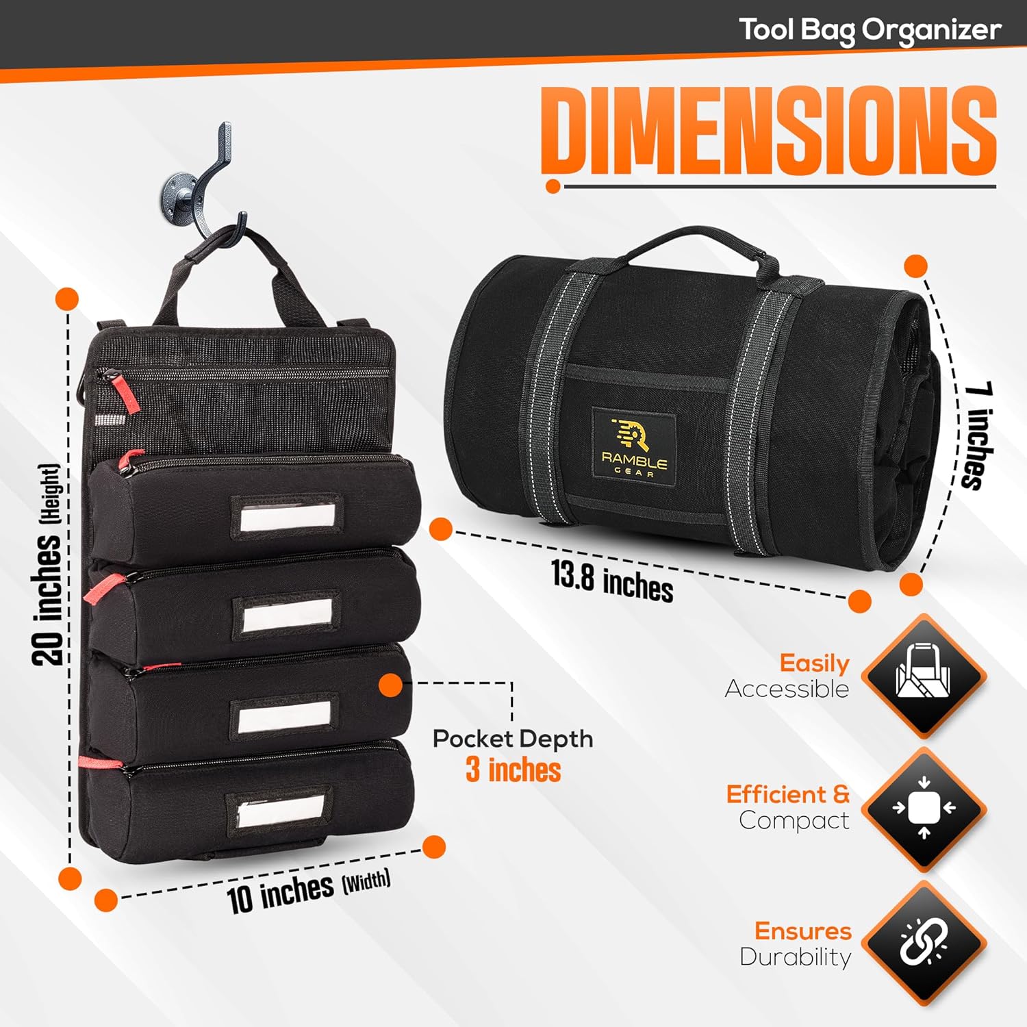 Roll up tool bag organizer with Carabiners - 5 Large Oversized Pockets with Labels-Tool roll bag organizer - Canvas foldable tool Bag organizer | Tool organizer bag for Mechanic, Electrician & more